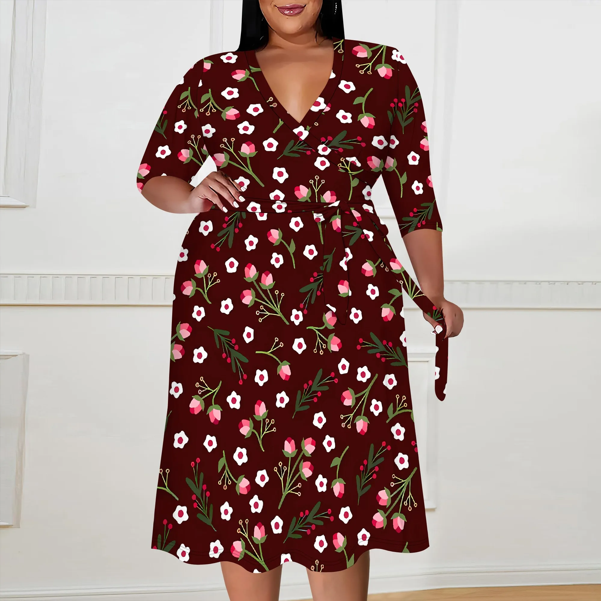 Plus size dress for curvy women Floral V-neck 3/4 sleeve A-line skirt with belt Plus size dress for curvy women Floral V-neck 3/4 sleeve A-line skirt with belt