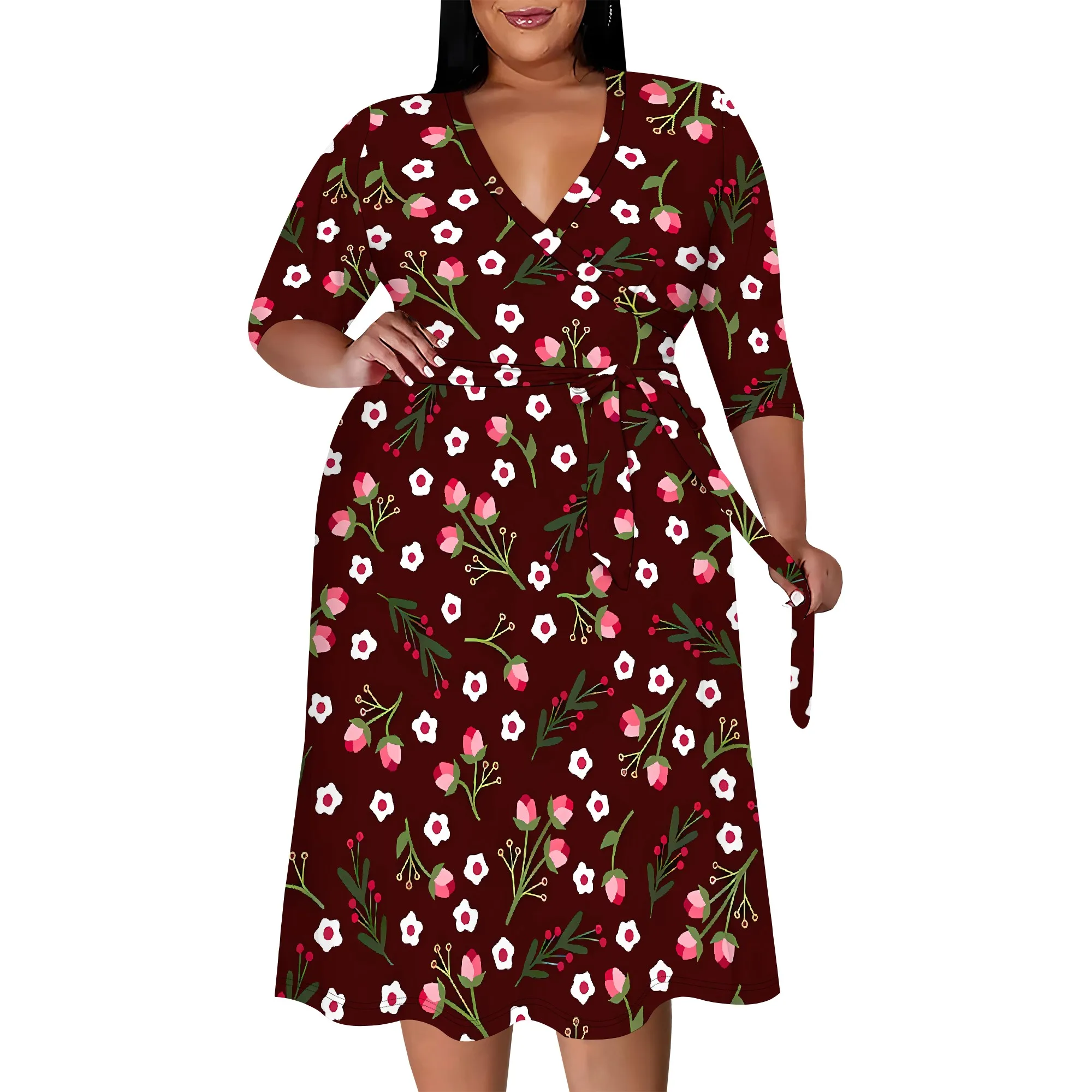 Plus size dress for curvy women Floral V-neck 3/4 sleeve A-line skirt with belt Plus size dress for curvy women Floral V-neck 3/4 sleeve A-line skirt with belt