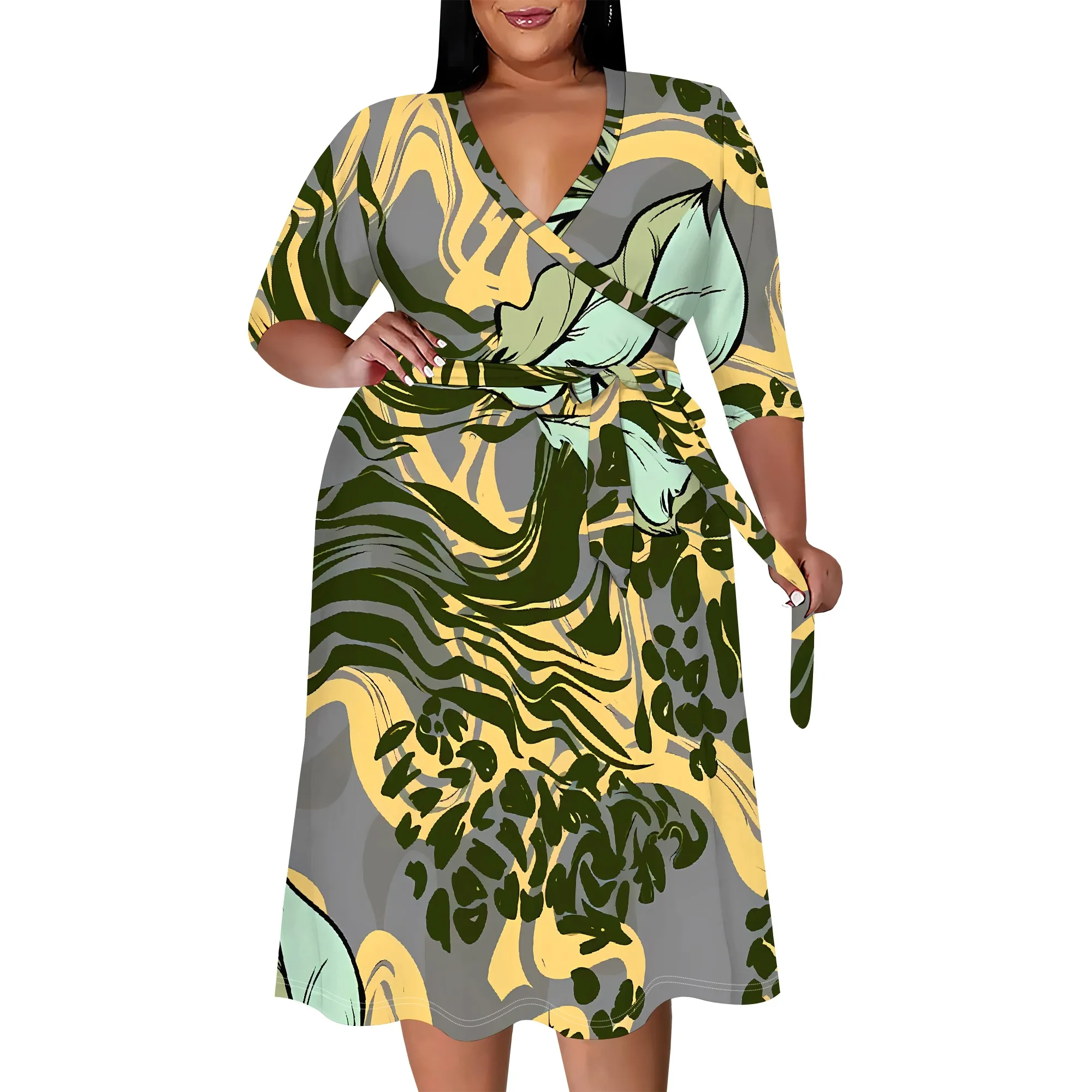 Plus size dress for curvy women Floral V-neck 3/4 sleeve A-line skirt with belt Plus size dress for curvy women Floral V-neck 3/4 sleeve A-line skirt with belt