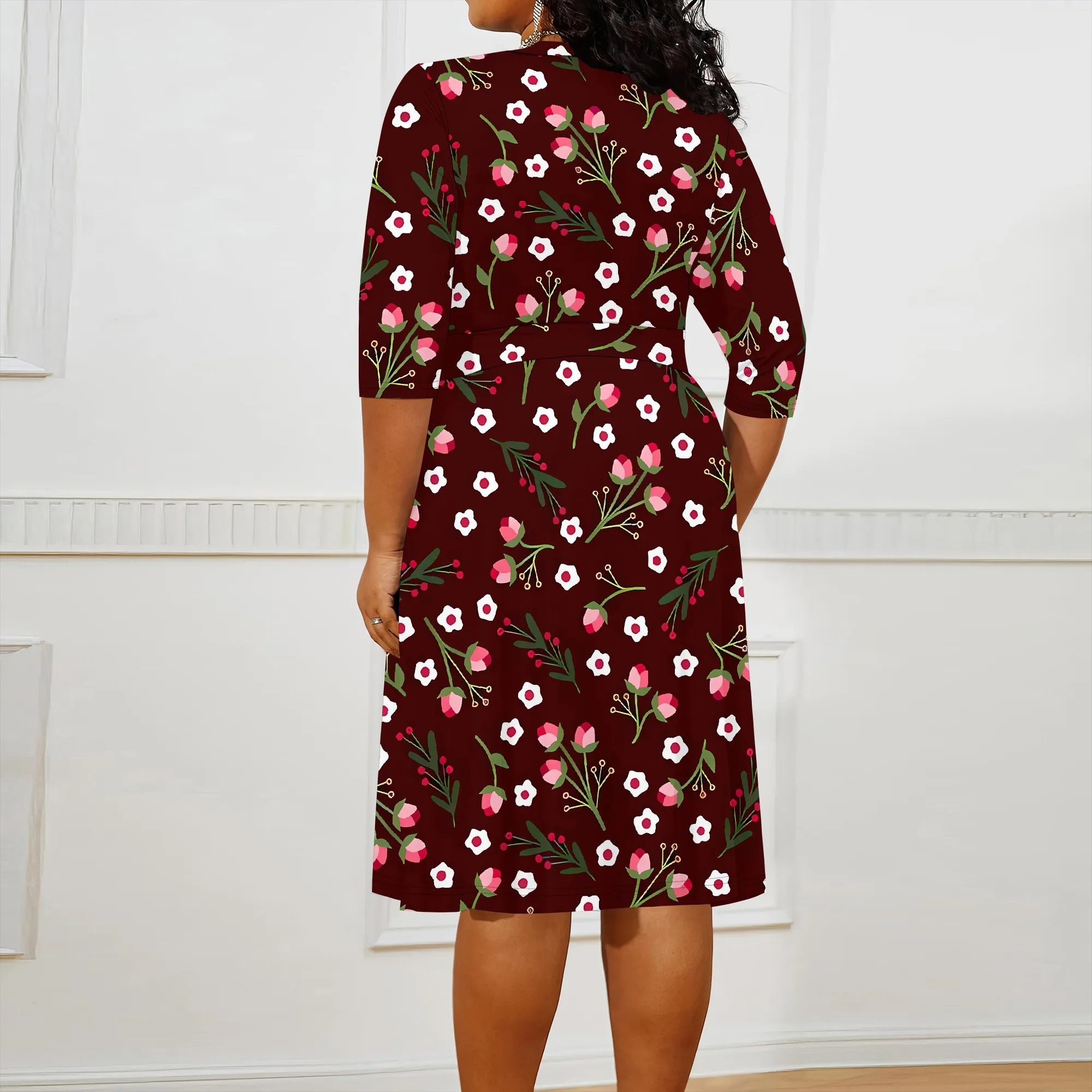 Plus size dress for curvy women Floral V-neck 3/4 sleeve A-line skirt with belt Plus size dress for curvy women Floral V-neck 3/4 sleeve A-line skirt with belt