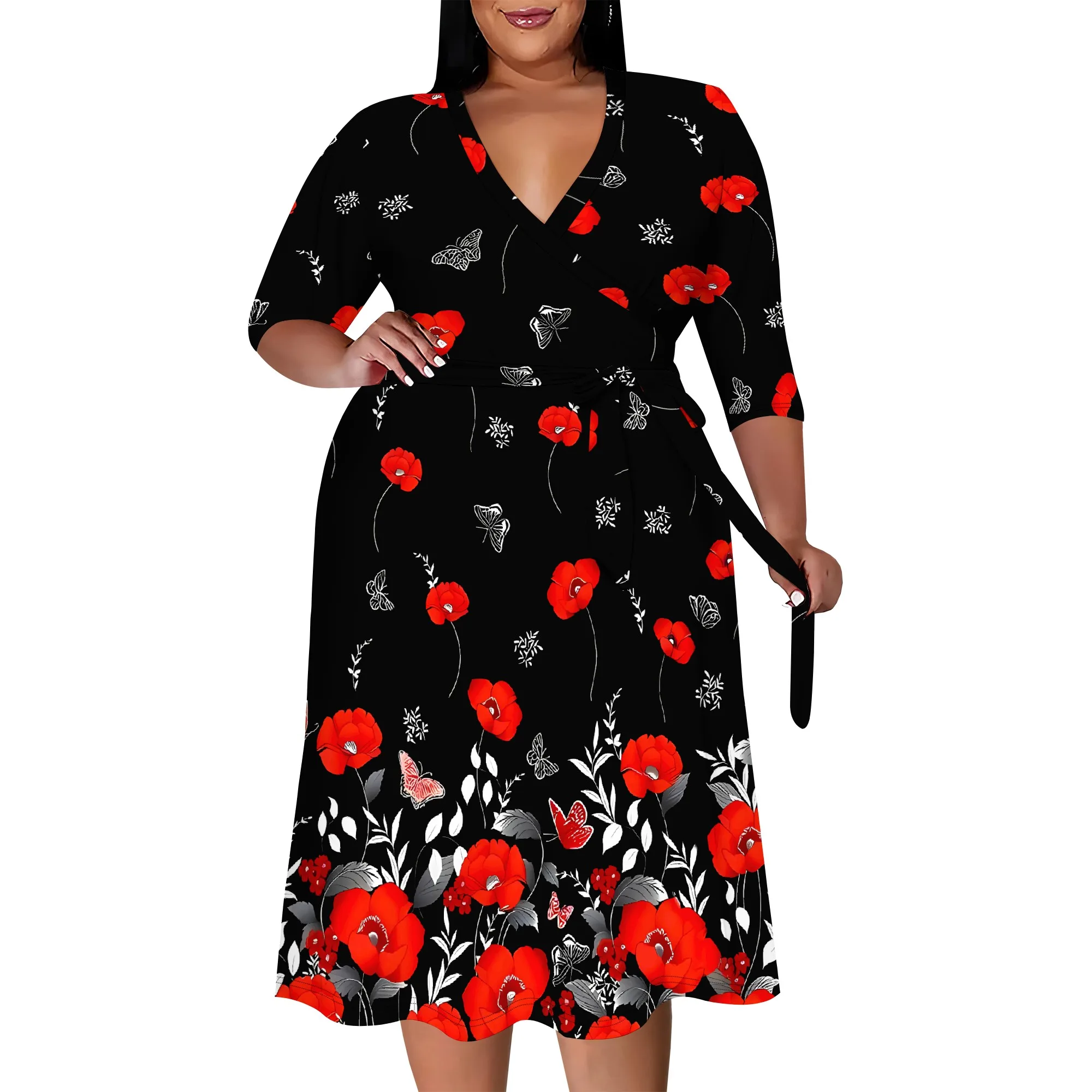 Plus size dress for curvy women Floral V-neck 3/4 sleeve A-line skirt with belt Plus size dress for curvy women Floral V-neck 3/4 sleeve A-line skirt with belt