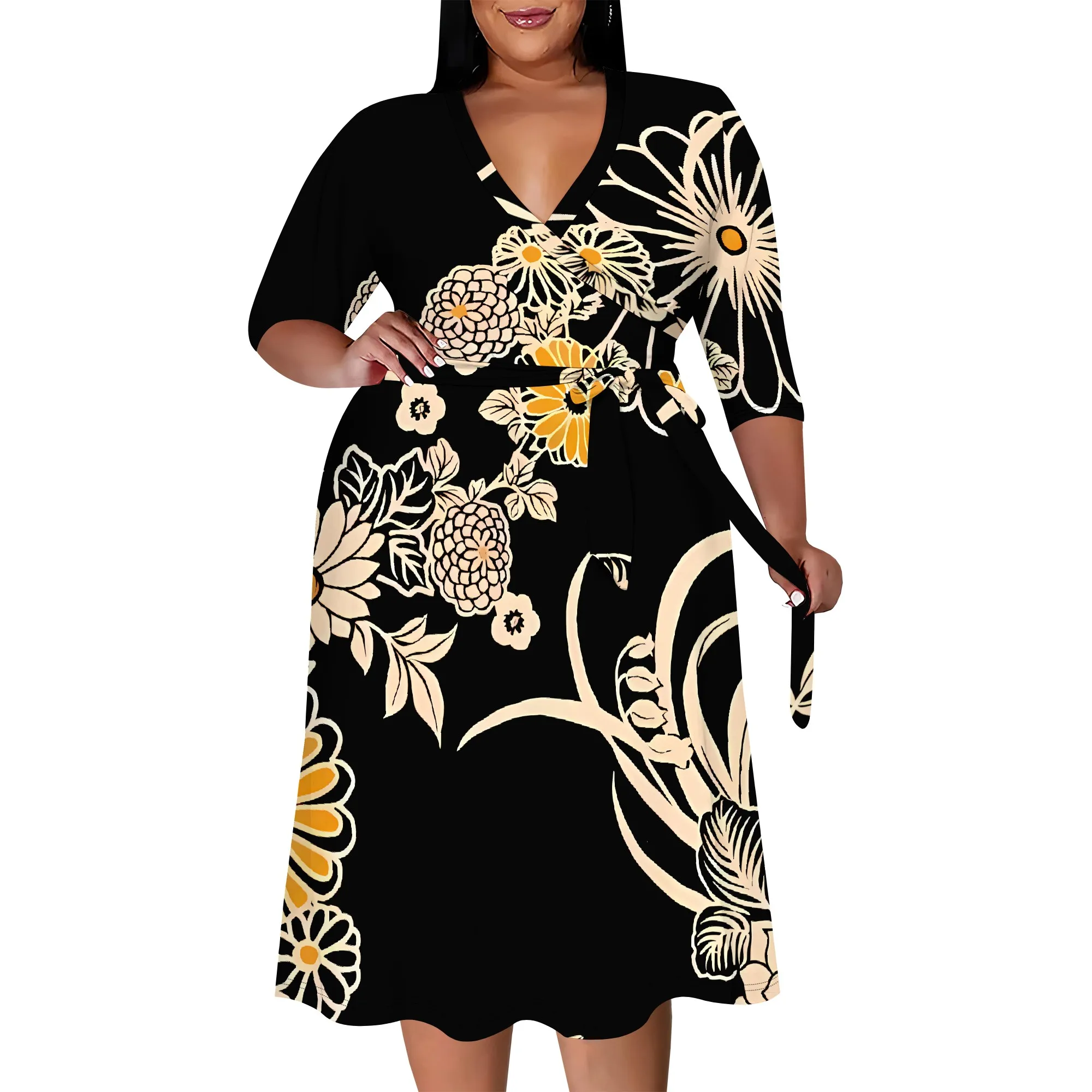 Plus size dress for curvy women Floral V-neck 3/4 sleeve A-line skirt with belt Plus size dress for curvy women Floral V-neck 3/4 sleeve A-line skirt with belt