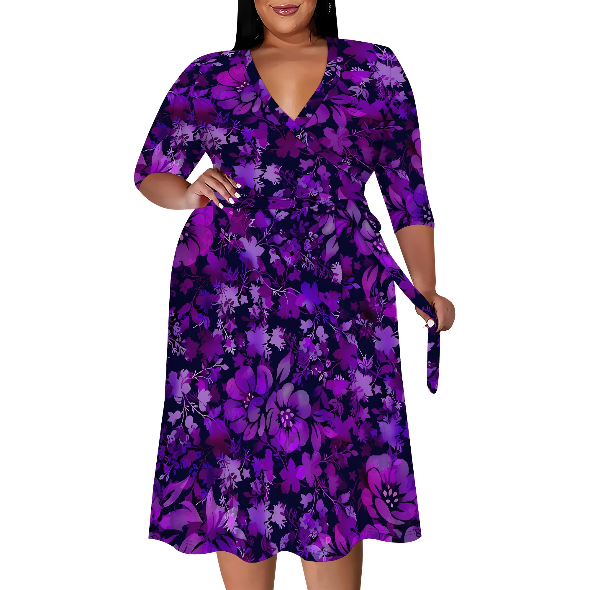 Plus size dress for curvy women Floral V-neck 3/4 sleeve A-line skirt with belt Plus size dress for curvy women Floral V-neck 3/4 sleeve A-line skirt with belt