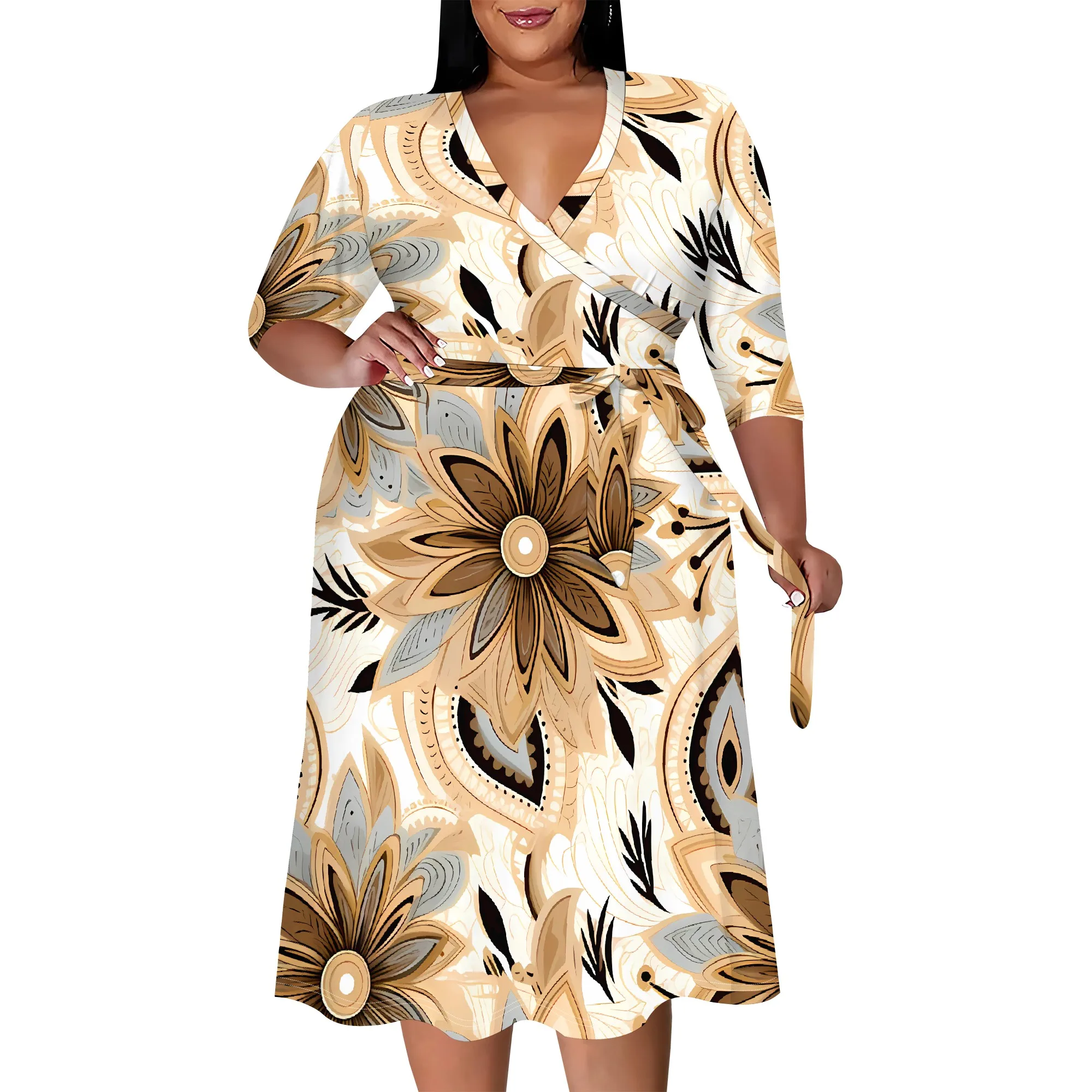 Plus size dress for curvy women Floral V-neck 3/4 sleeve A-line skirt with belt Plus size dress for curvy women Floral V-neck 3/4 sleeve A-line skirt with belt