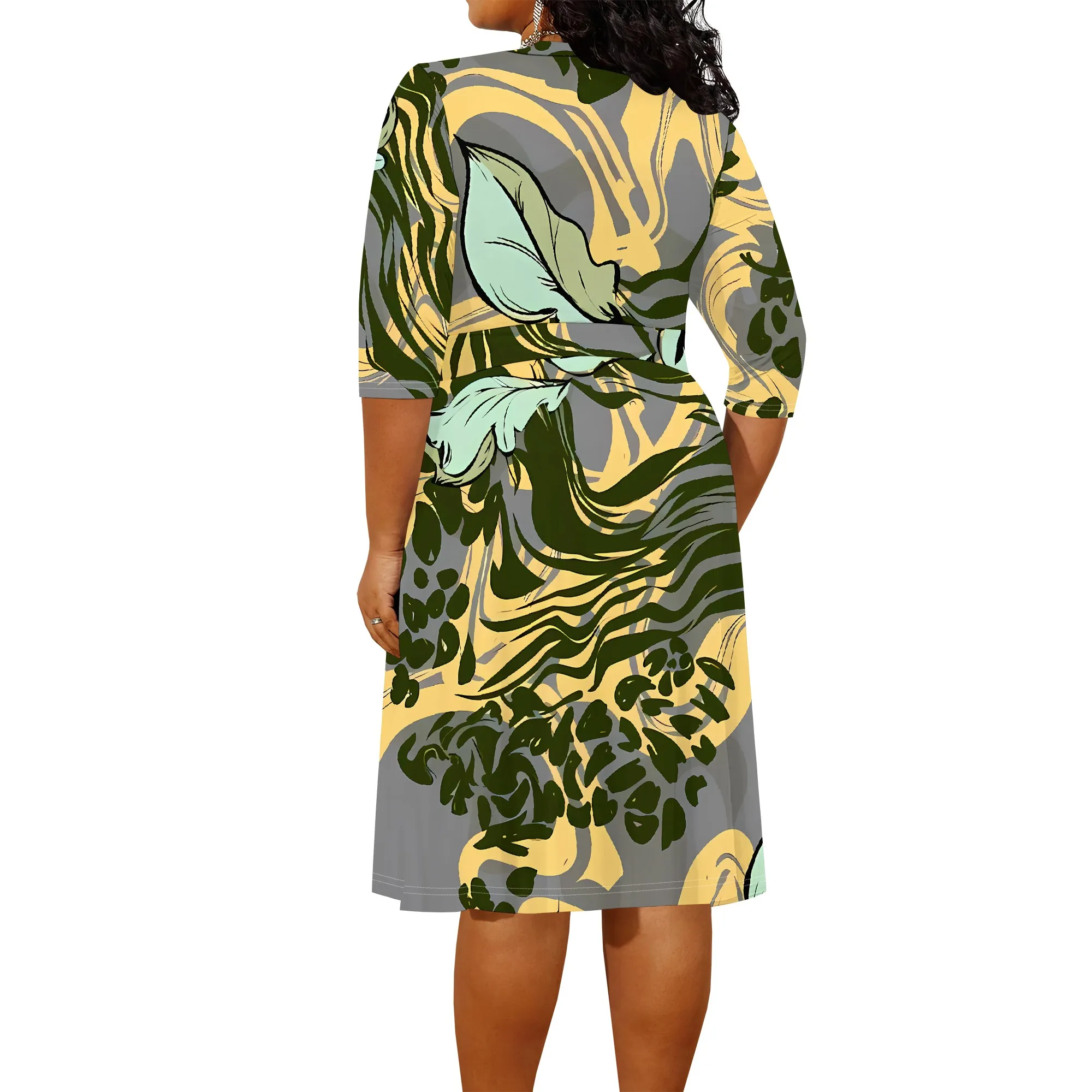 Plus size dress for curvy women Floral V-neck 3/4 sleeve A-line skirt with belt Plus size dress for curvy women Floral V-neck 3/4 sleeve A-line skirt with belt