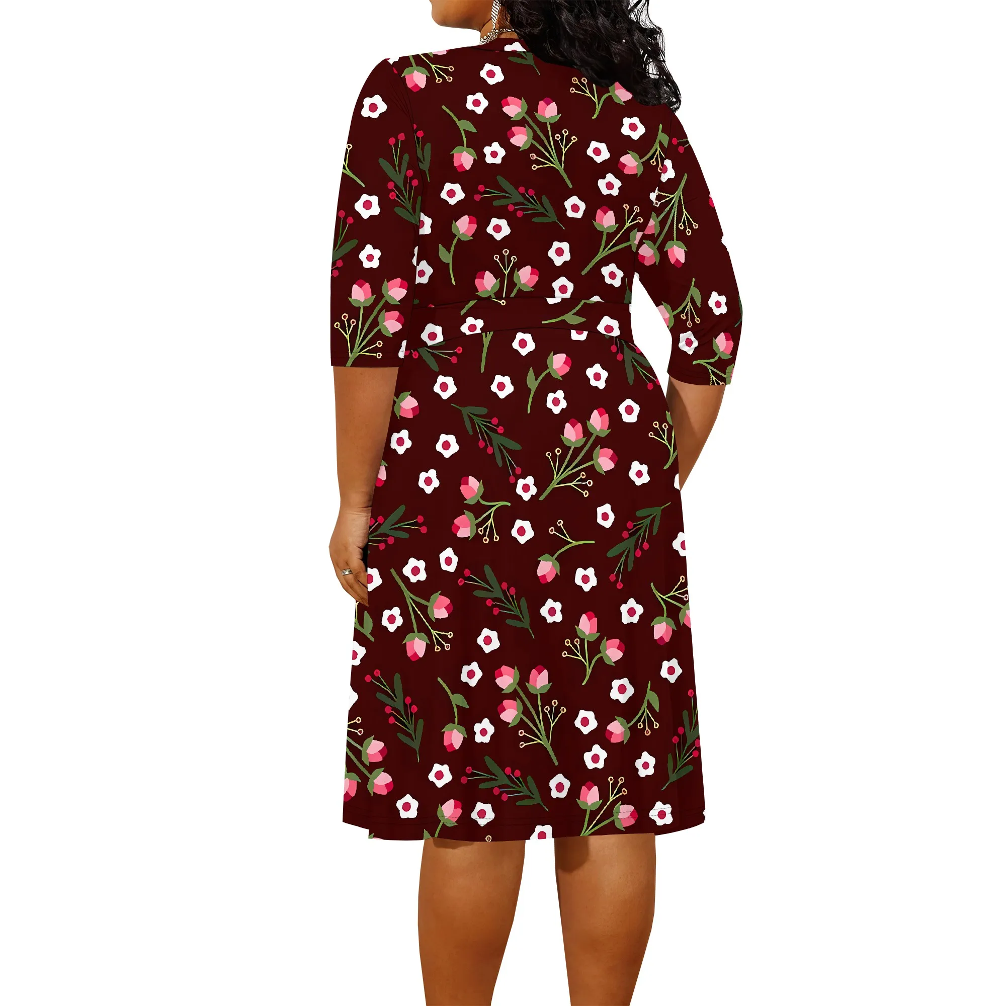 Plus size dress for curvy women Floral V-neck 3/4 sleeve A-line skirt with belt Plus size dress for curvy women Floral V-neck 3/4 sleeve A-line skirt with belt
