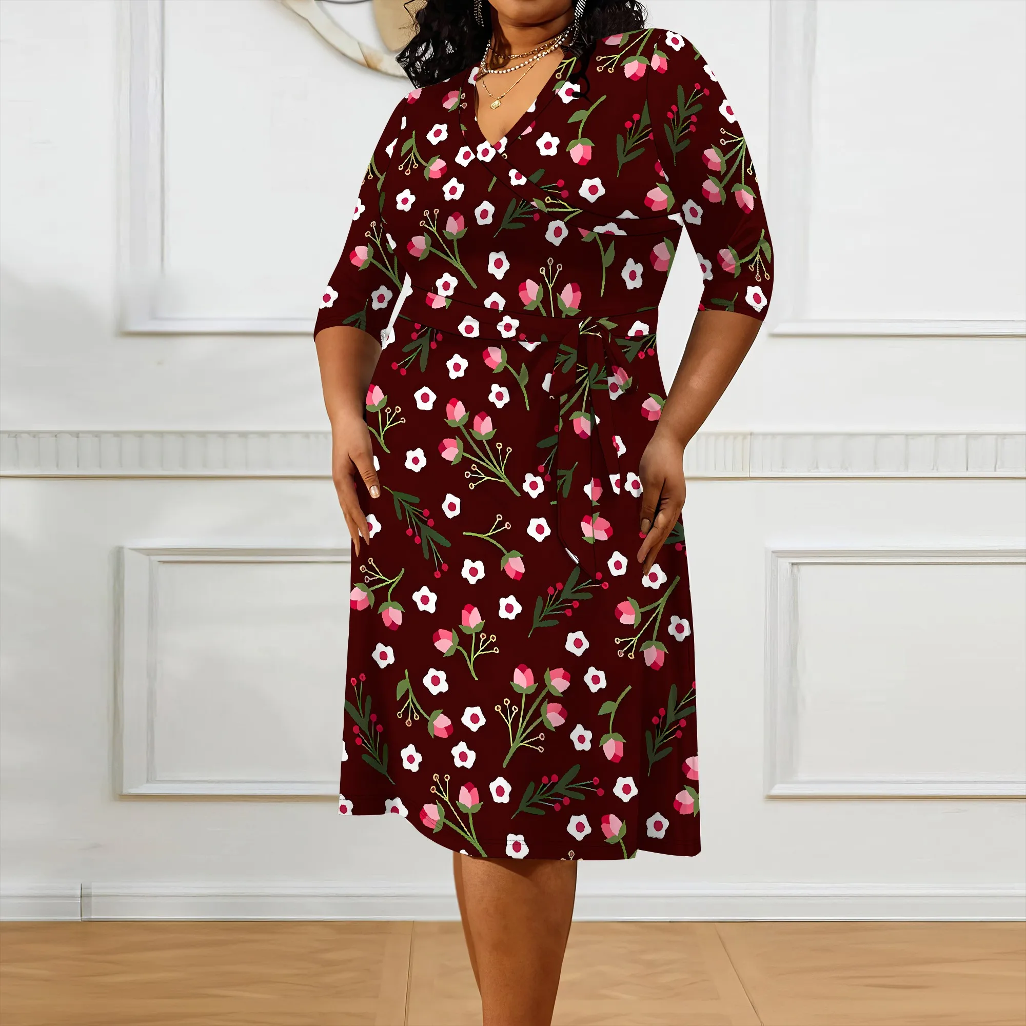 Plus size dress for curvy women Floral V-neck 3/4 sleeve A-line skirt with belt Plus size dress for curvy women Floral V-neck 3/4 sleeve A-line skirt with belt