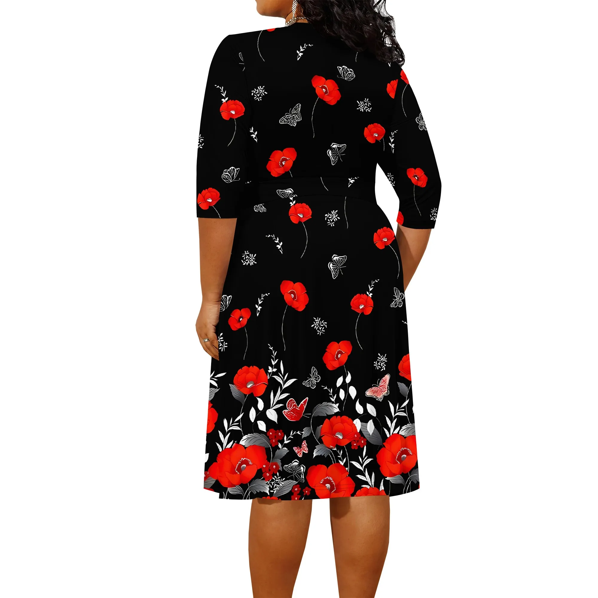 Plus size dress for curvy women Floral V-neck 3/4 sleeve A-line skirt with belt Plus size dress for curvy women Floral V-neck 3/4 sleeve A-line skirt with belt