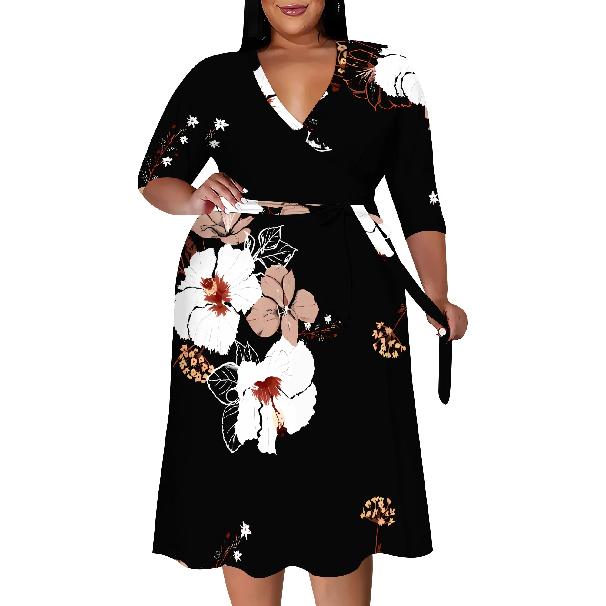 Plus size dress for curvy women Floral V-neck 3/4 sleeve A-line skirt with belt Plus size dress for curvy women Floral V-neck 3/4 sleeve A-line skirt with belt