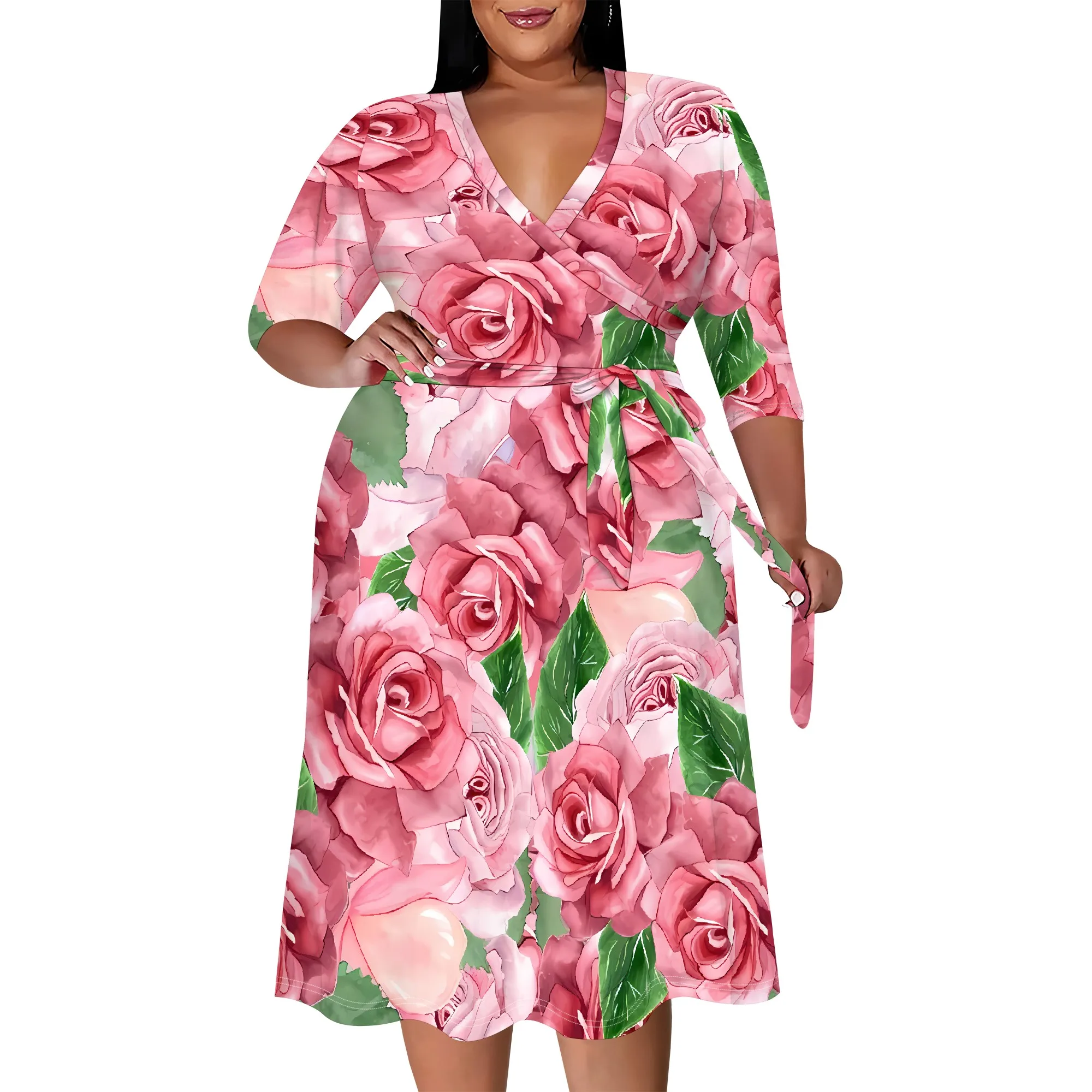 Plus size dress for curvy women Floral V-neck 3/4 sleeve A-line skirt with belt Plus size dress for curvy women Floral V-neck 3/4 sleeve A-line skirt with belt