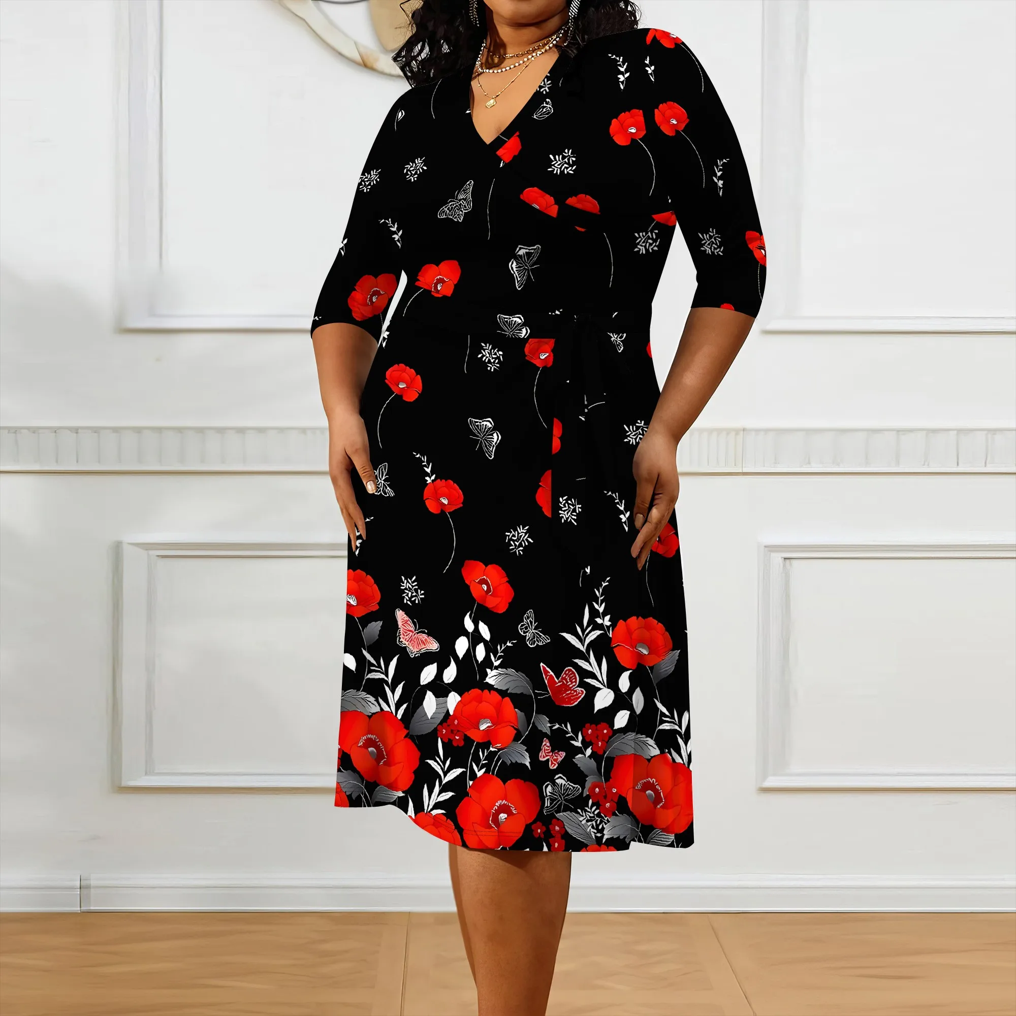 Plus size dress for curvy women Floral V-neck 3/4 sleeve A-line skirt with belt Plus size dress for curvy women Floral V-neck 3/4 sleeve A-line skirt with belt