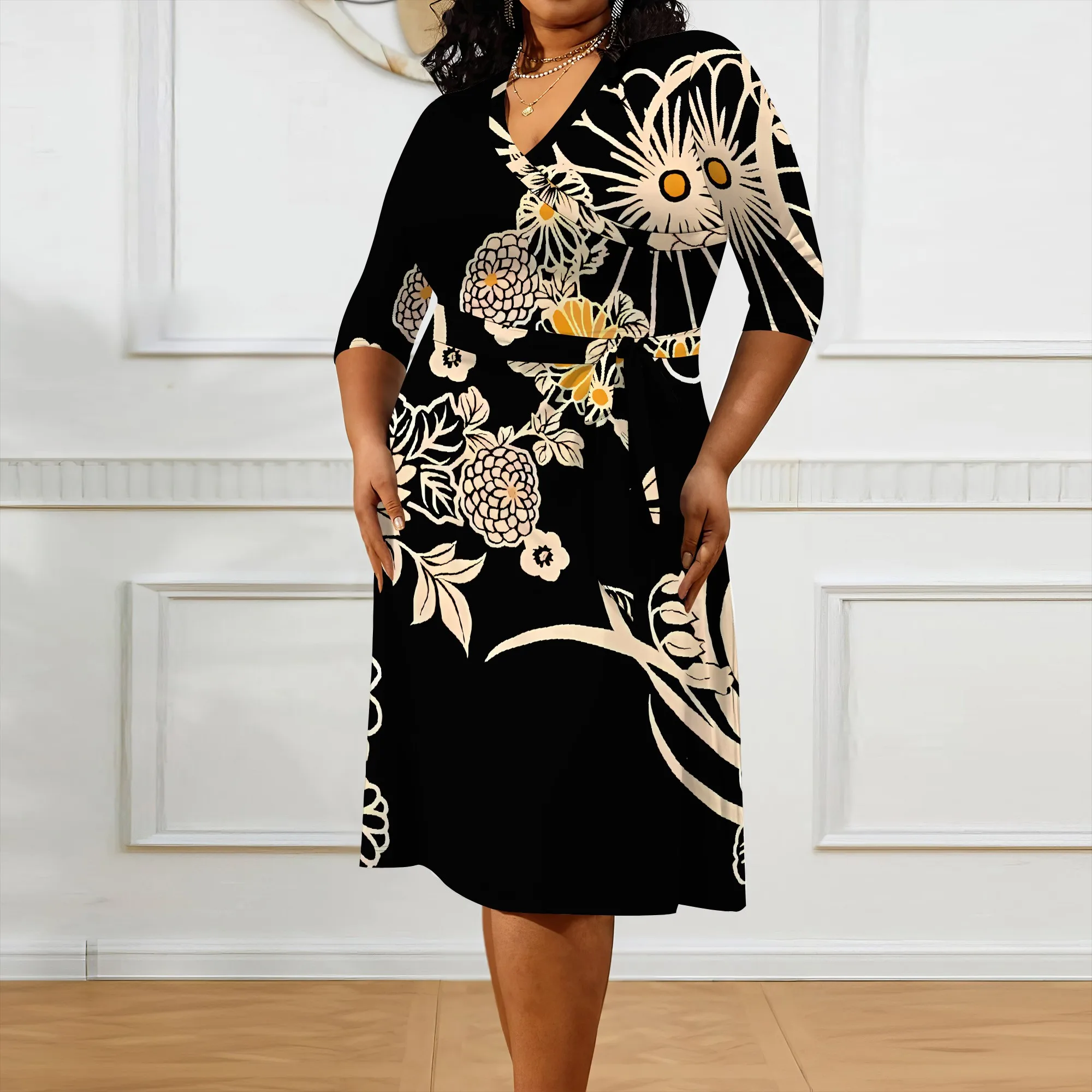 Plus size dress for curvy women Floral V-neck 3/4 sleeve A-line skirt with belt Plus size dress for curvy women Floral V-neck 3/4 sleeve A-line skirt with belt