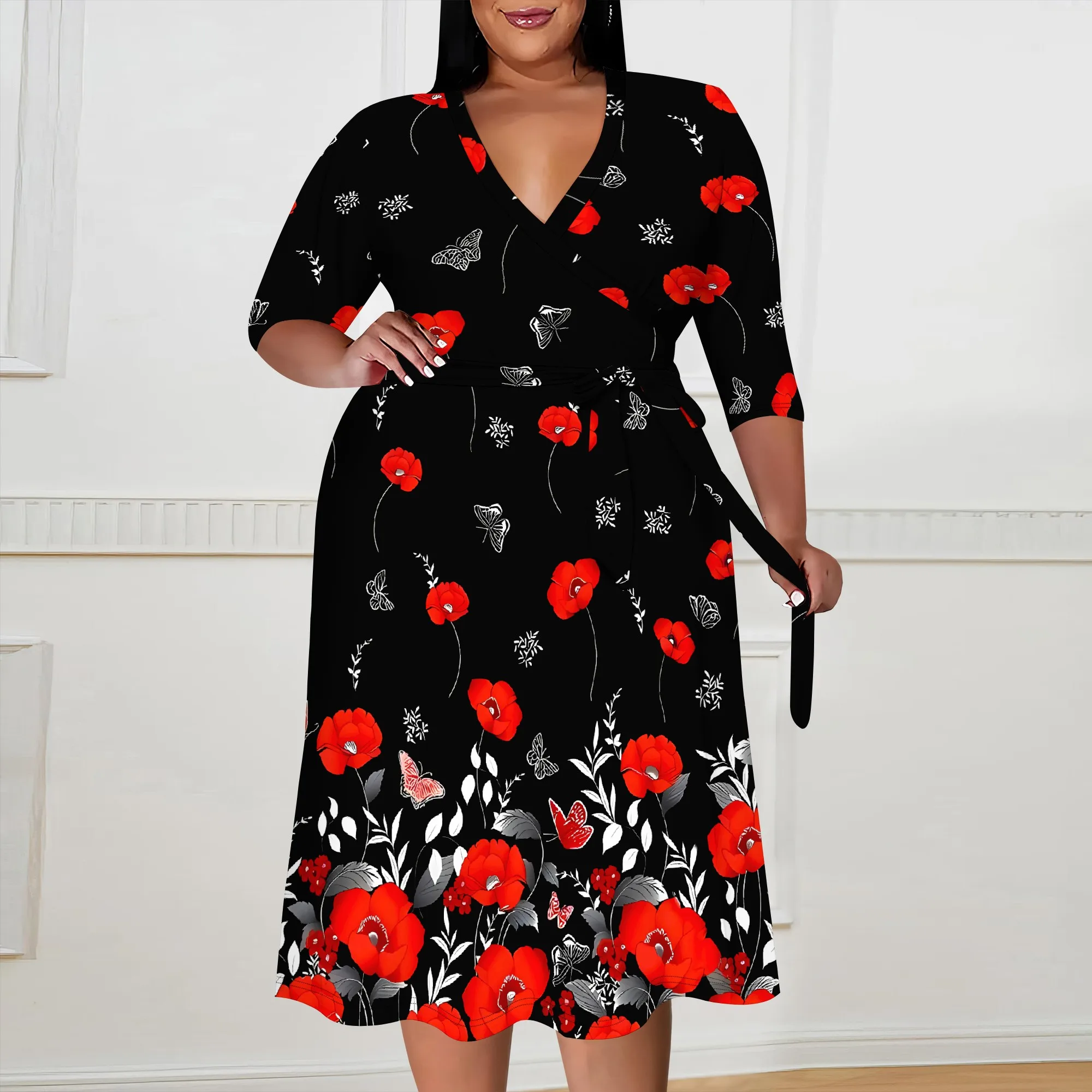 Plus size dress for curvy women Floral V-neck 3/4 sleeve A-line skirt with belt Plus size dress for curvy women Floral V-neck 3/4 sleeve A-line skirt with belt