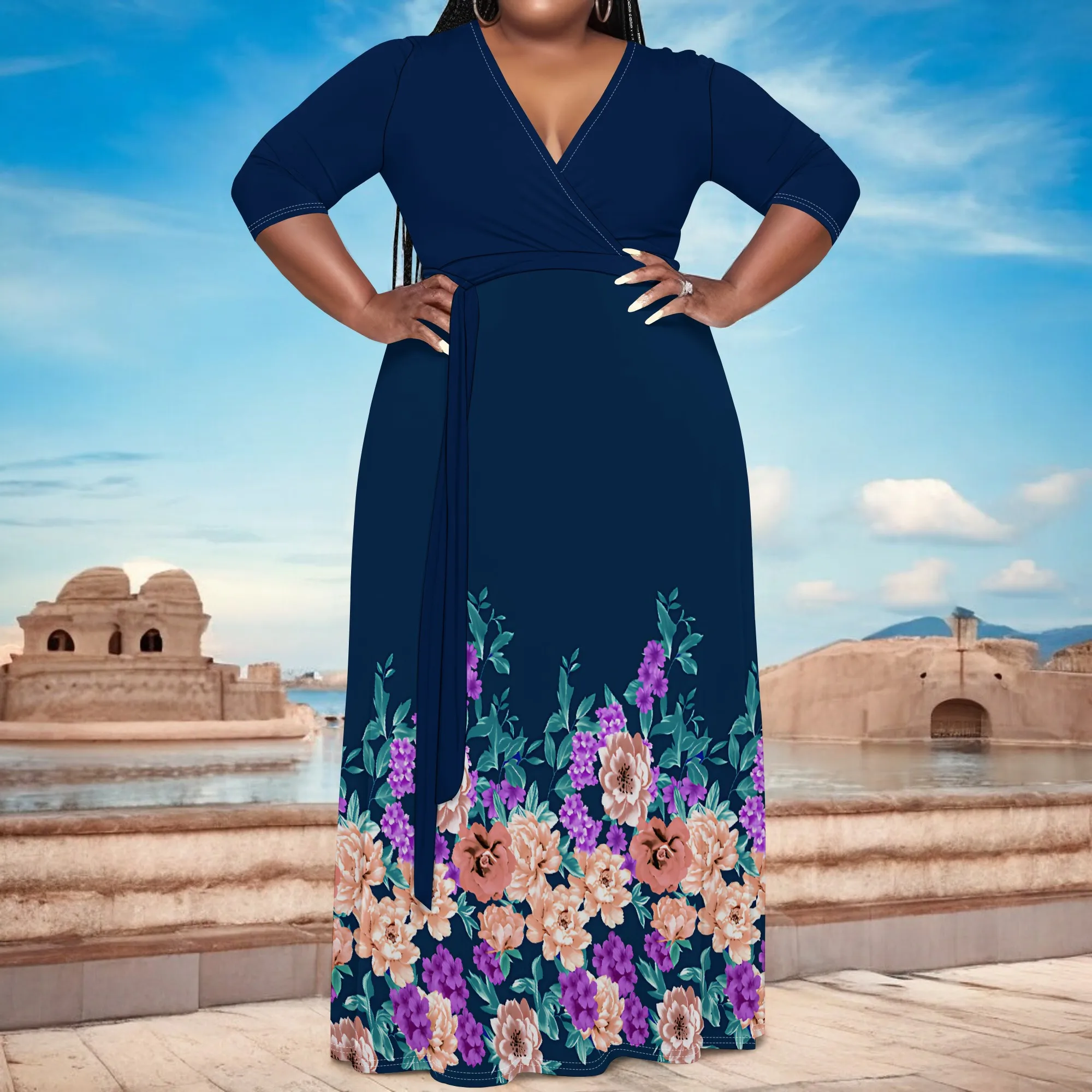 Plus Size Bold Floral Long Sleeve V-Neck Maxi Dress with Belt – Women’s Vibrant Elegant Party Resortwear Evening Plus Size Bold Floral Long Sleeve V-Neck Maxi Dress with Belt - Women's Vibrant Elegant Party Resortwear Evening