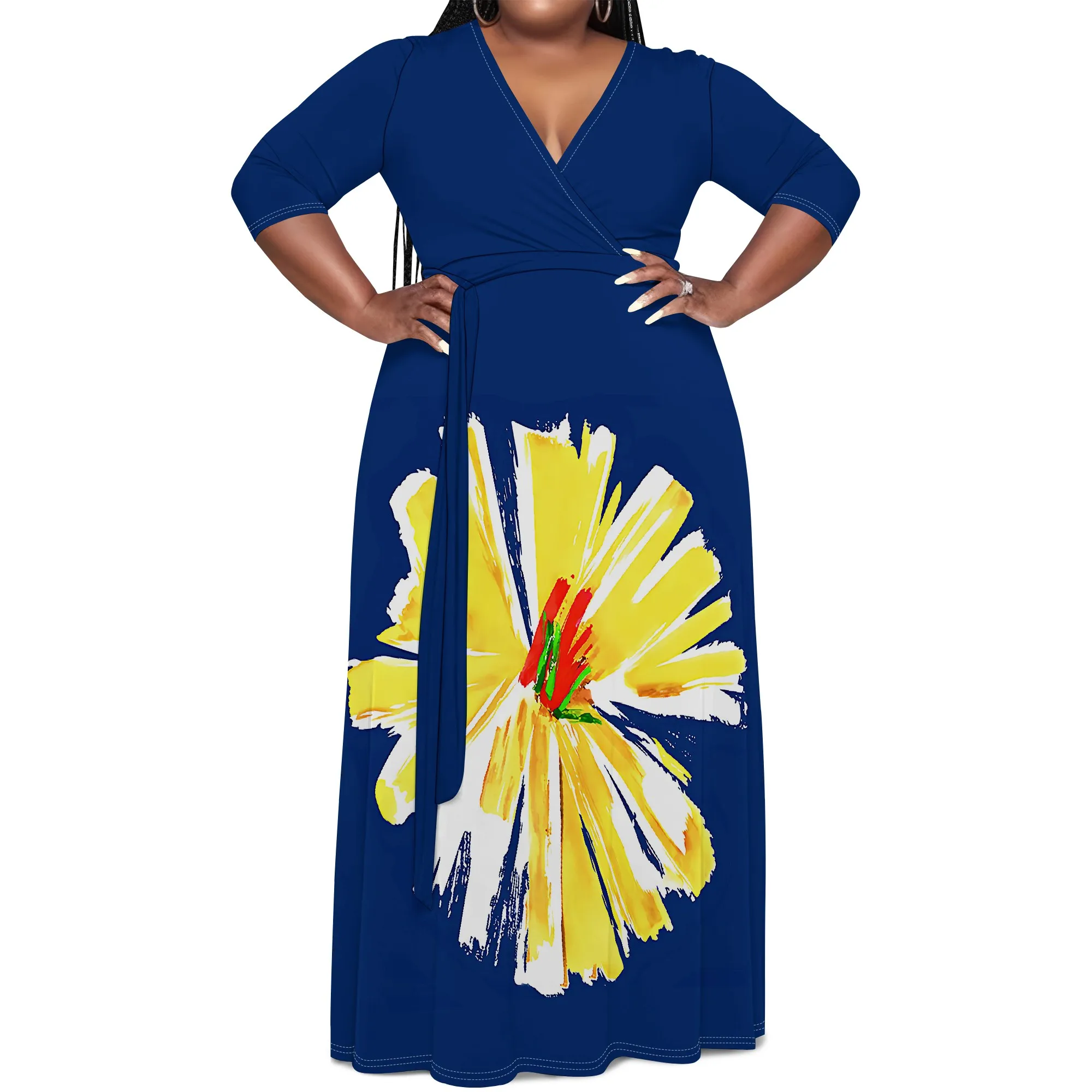 Plus Size Bold Floral Long Sleeve V-Neck Maxi Dress with Belt – Women’s Vibrant Elegant Party Resortwear Evening Plus Size Bold Floral Long Sleeve V-Neck Maxi Dress with Belt - Women's Vibrant Elegant Party Resortwear Evening