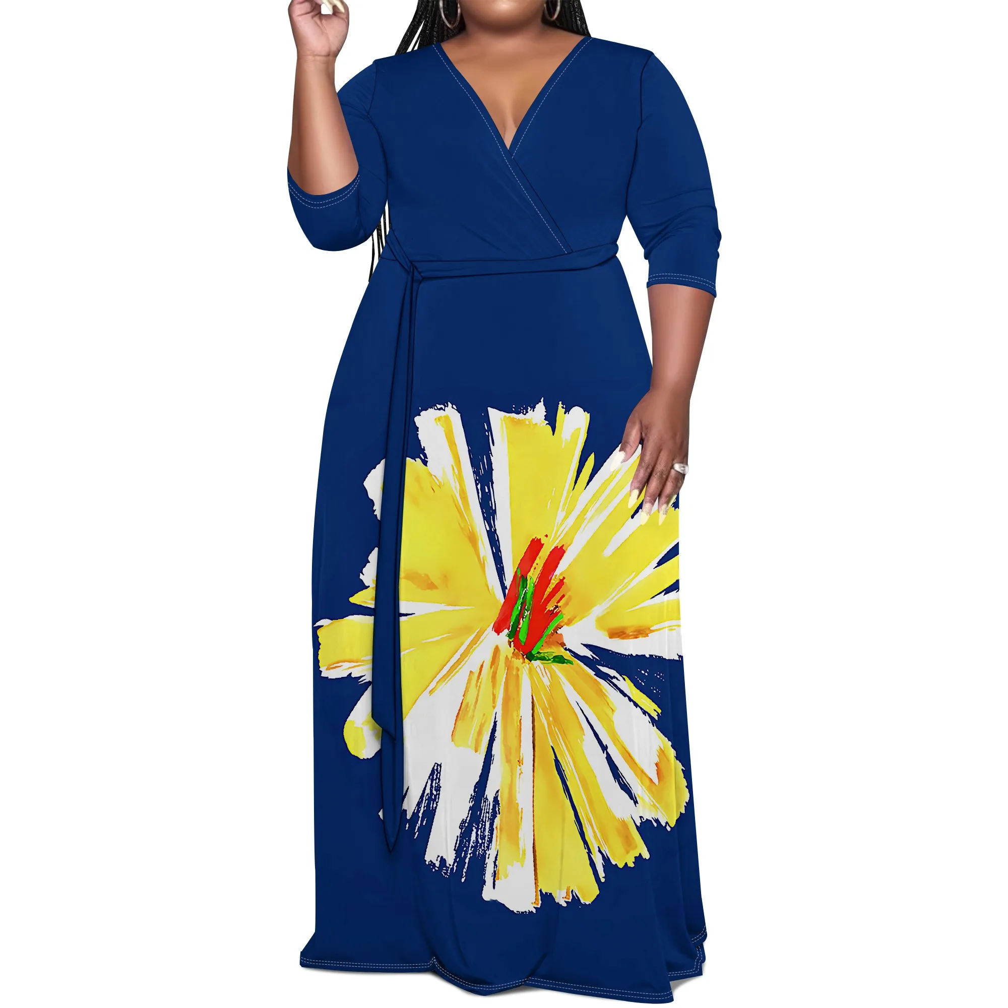 Plus Size Bold Floral Long Sleeve V-Neck Maxi Dress with Belt – Women’s Vibrant Elegant Party Resortwear Evening Plus Size Bold Floral Long Sleeve V-Neck Maxi Dress with Belt - Women's Vibrant Elegant Party Resortwear Evening