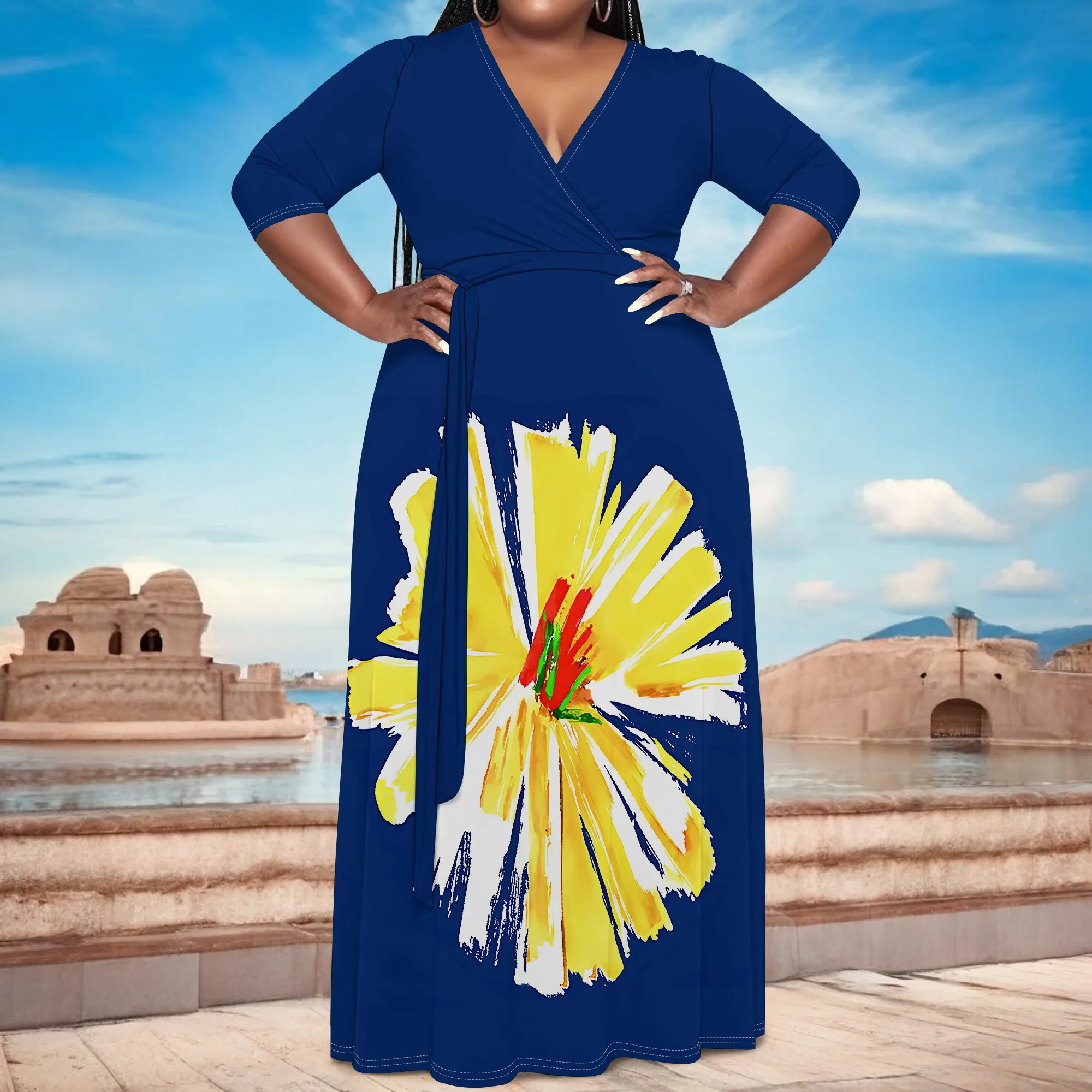 Plus Size Bold Floral Long Sleeve V-Neck Maxi Dress with Belt - Women's Vibrant Elegant Party Resortwear Evening Plus Size Bold Floral Long Sleeve V-Neck Maxi Dress with Belt - Women's Vibrant Elegant Party Resortwear Evening