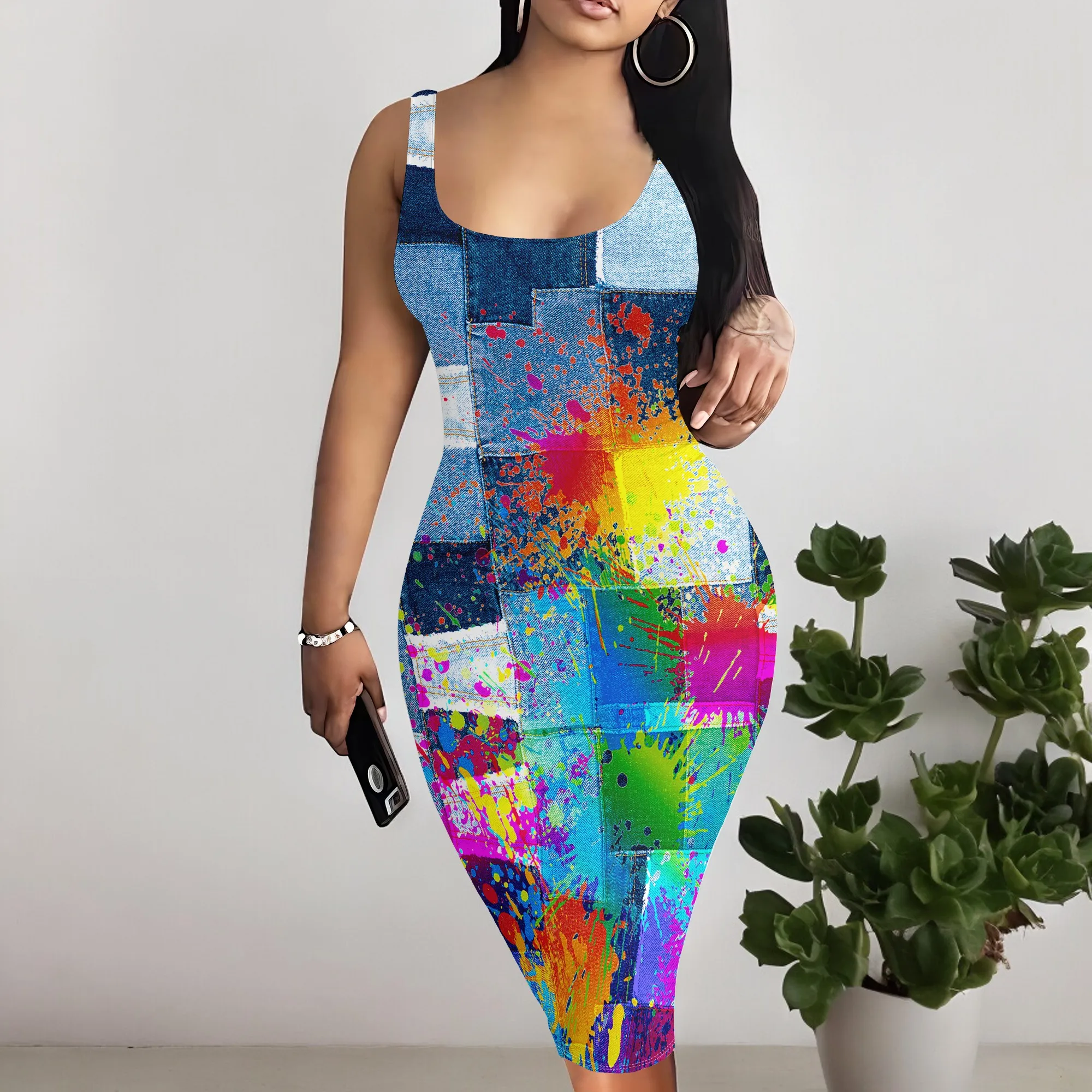 Women's Casual Sexy Vest Bodycon Dress Summer Pencil Sleeveless Basic Mid-Length Imitation Denim Print Dress