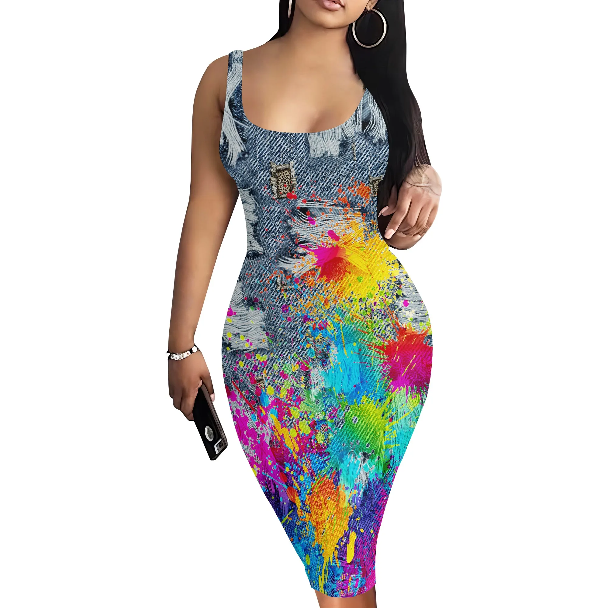 Women's Casual Sexy Vest Bodycon Dress Summer Pencil Sleeveless Basic Mid-Length Imitation Denim Print Dress