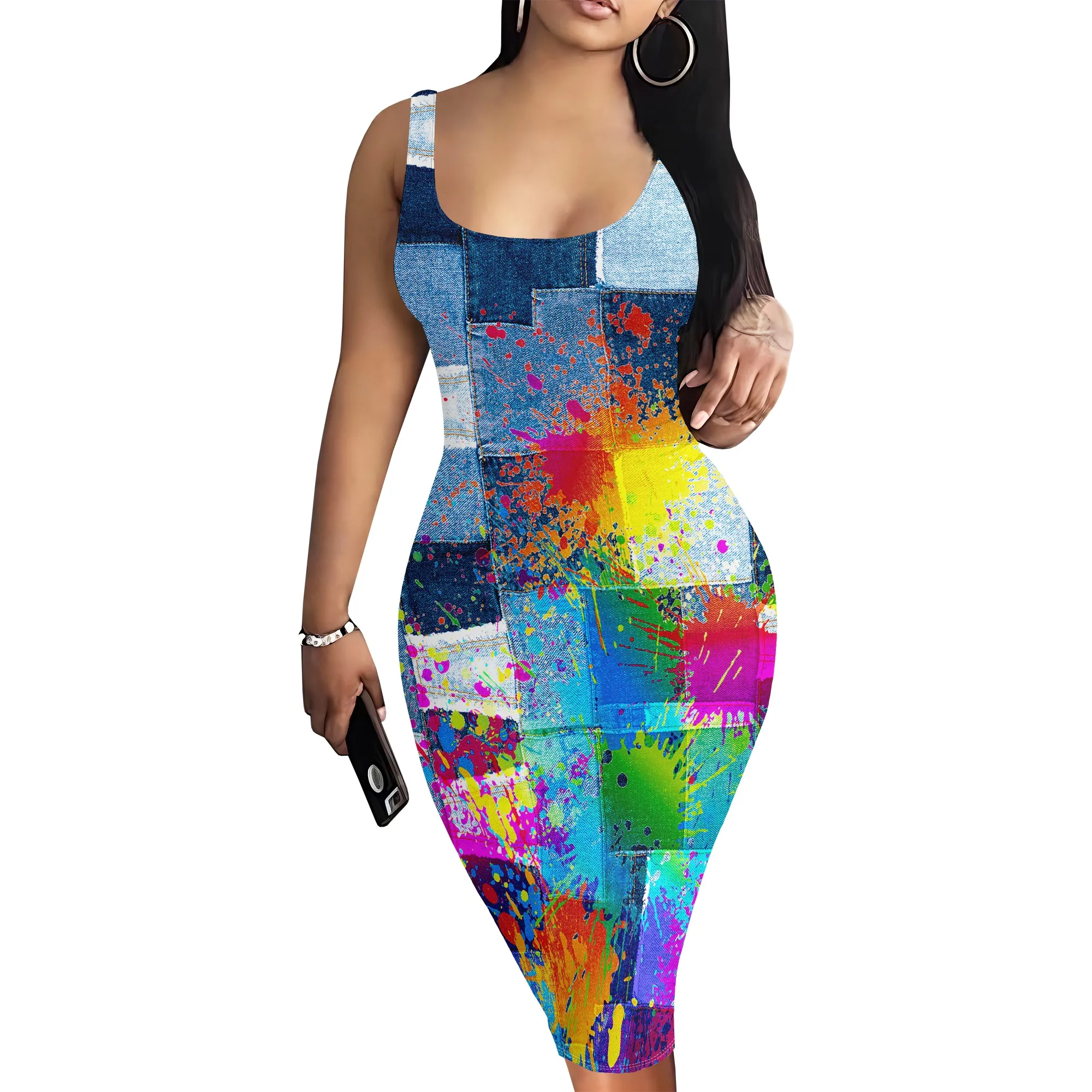 Women's Casual Sexy Vest Bodycon Dress Summer Pencil Sleeveless Basic Mid-Length Imitation Denim Print Dress