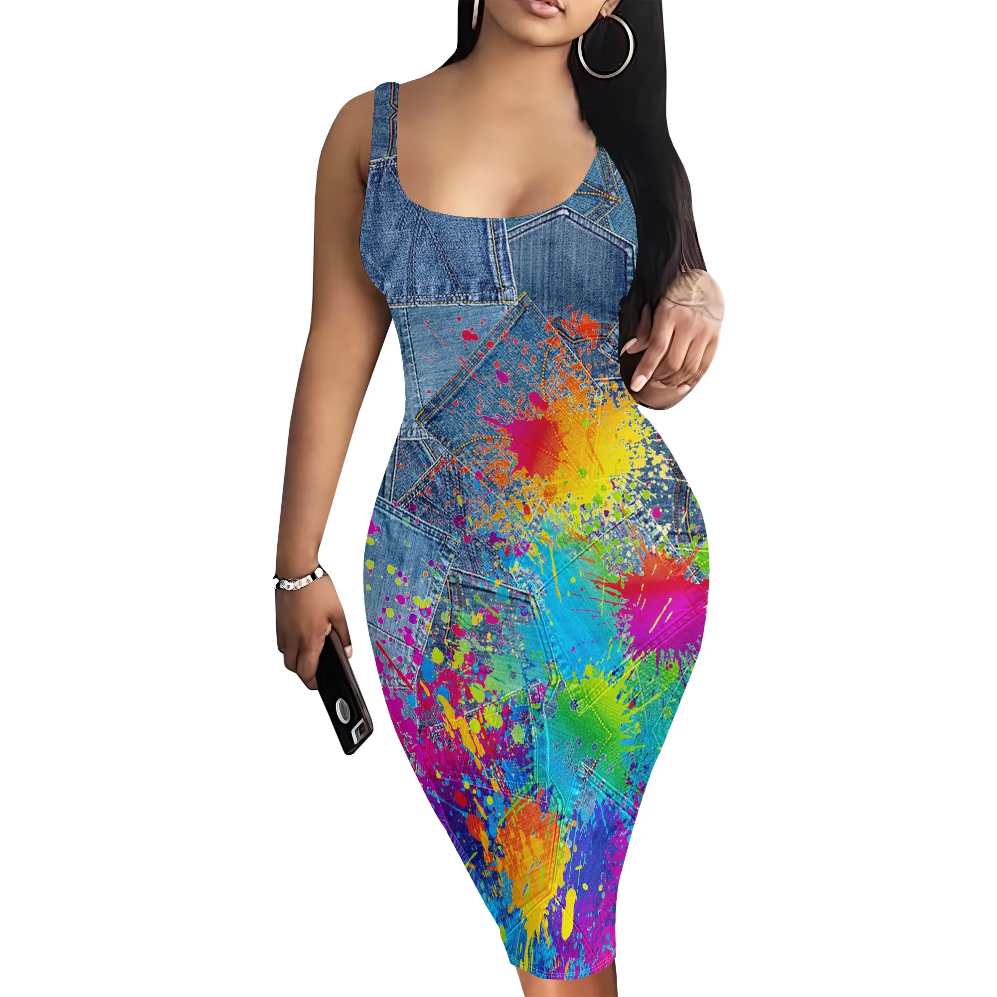 Women's Casual Sexy Vest Bodycon Dress Summer Pencil Sleeveless Basic Mid-Length Imitation Denim Print Dress