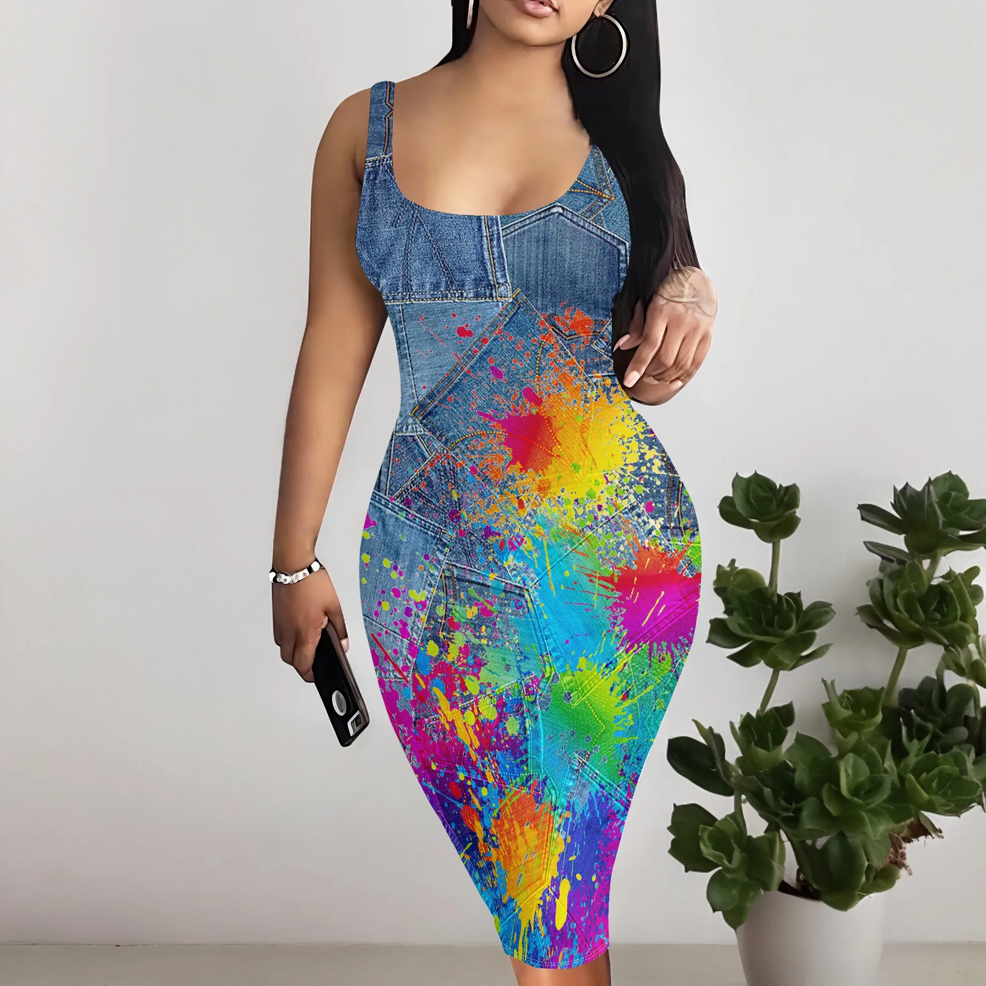Women's Casual Sexy Vest Bodycon Dress Summer Pencil Sleeveless Basic Mid-Length Imitation Denim Print Dress