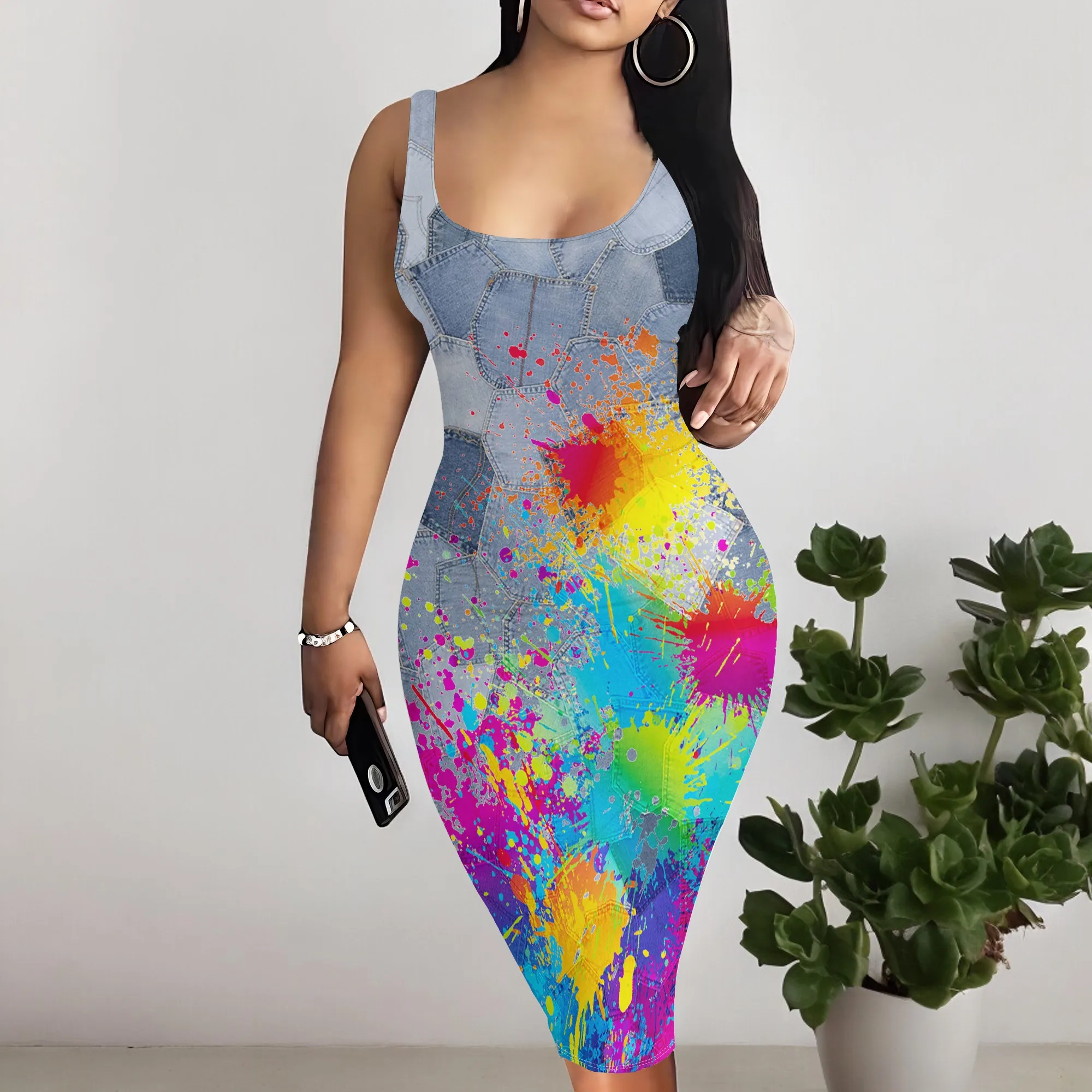 Women's Casual Sexy Vest Bodycon Dress Summer Pencil Sleeveless Basic Mid-Length Imitation Denim Print Dress