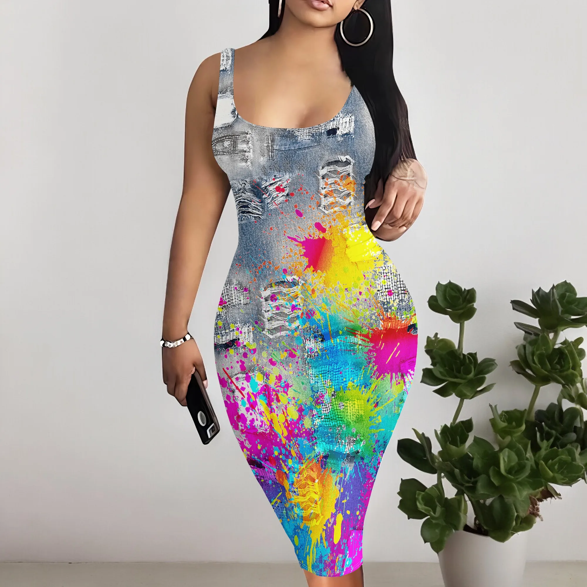 Women's Casual Sexy Vest Bodycon Dress Summer Pencil Sleeveless Basic Mid-Length Imitation Denim Print Dress