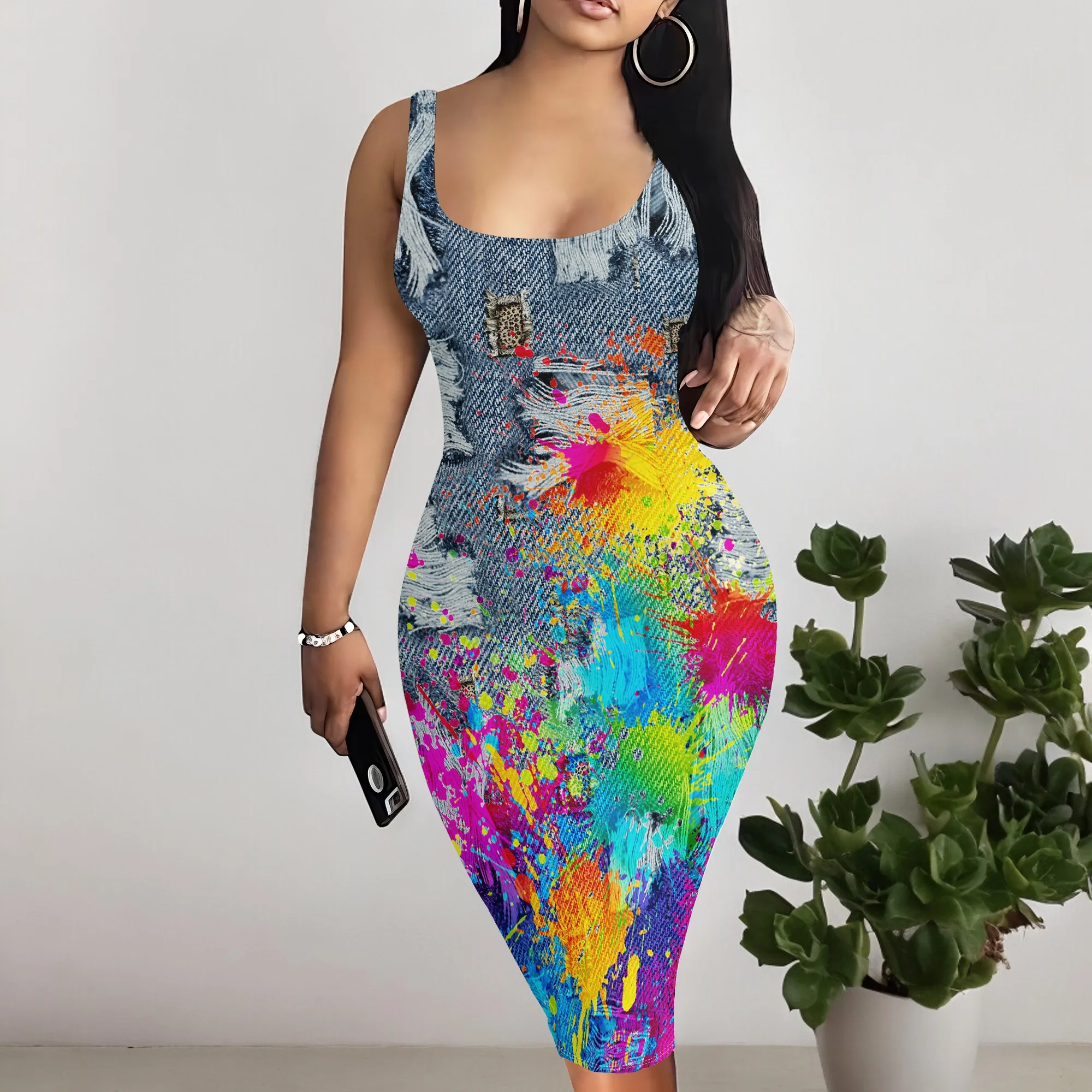 Women's Casual Sexy Vest Bodycon Dress Summer Pencil Sleeveless Basic Mid-Length Imitation Denim Print Dress