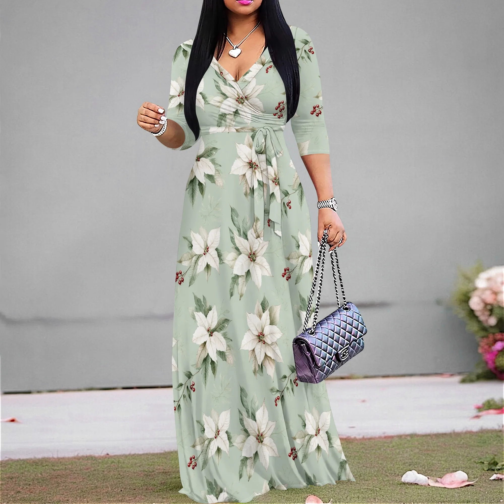 Dresses for Women Floral Print Maxi Dress Flowy 3/4 Sleeve with Belt