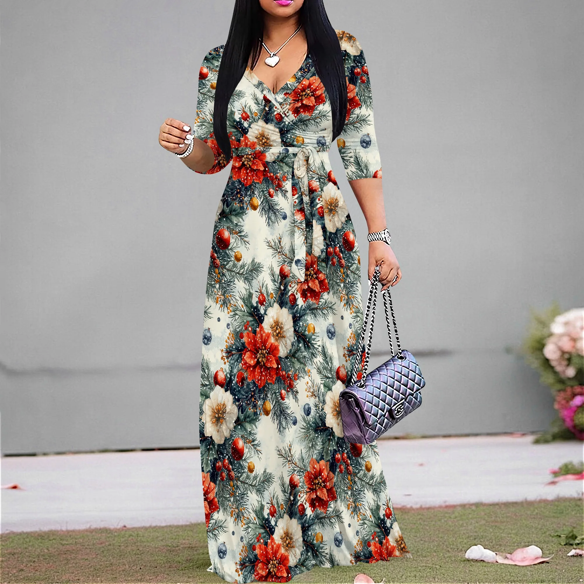 Dresses for Women Floral Print Maxi Dress Flowy 3/4 Sleeve with Belt