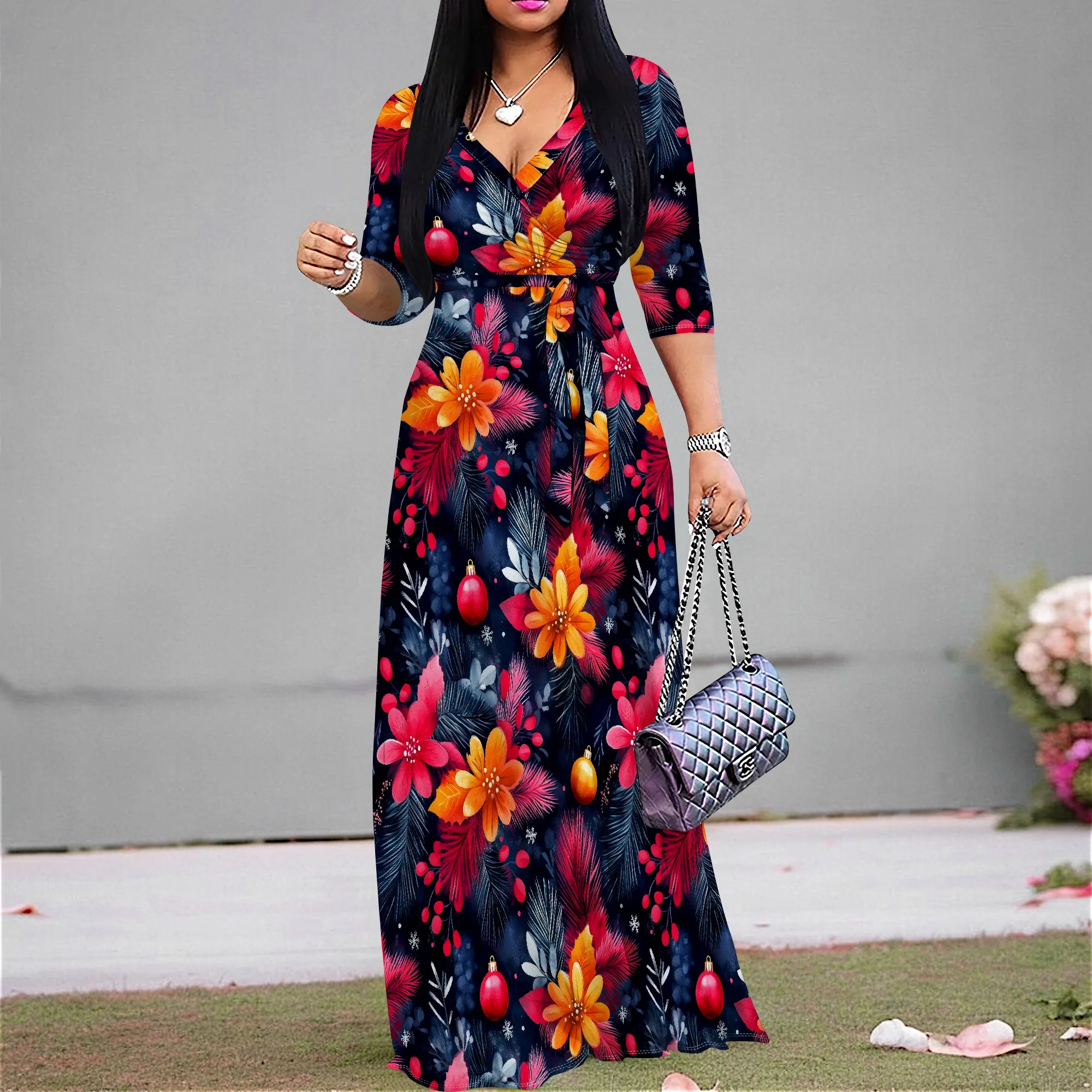 Dresses for Women Floral Print Maxi Dress Flowy 3/4 Sleeve with Belt