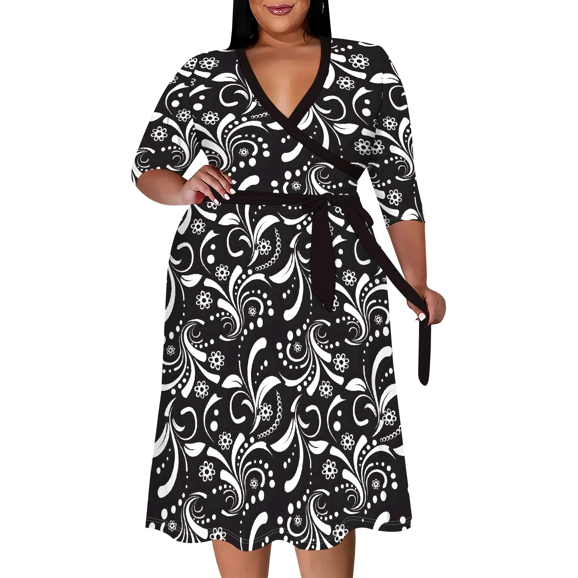 Plus Size Dress for Women Flowy 3/4 Sleeve V Neck Printing Midi Dresses Sexy Wrap Cocktail Party Dress Empire Waist with Belt