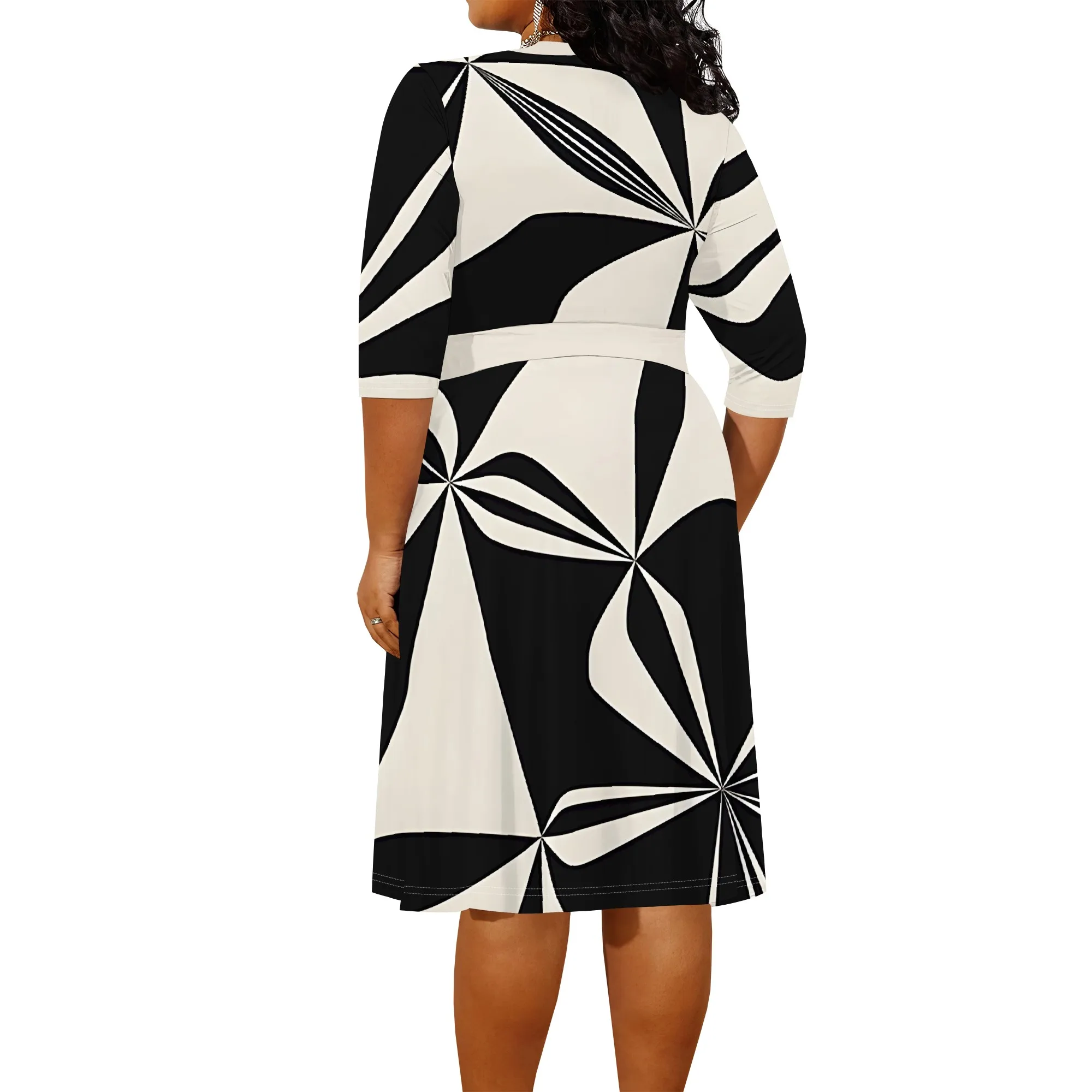 Plus Size Dress for Women Flowy 3/4 Sleeve V Neck Printing Midi Dresses Sexy Wrap Cocktail Party Dress Empire Waist with Belt