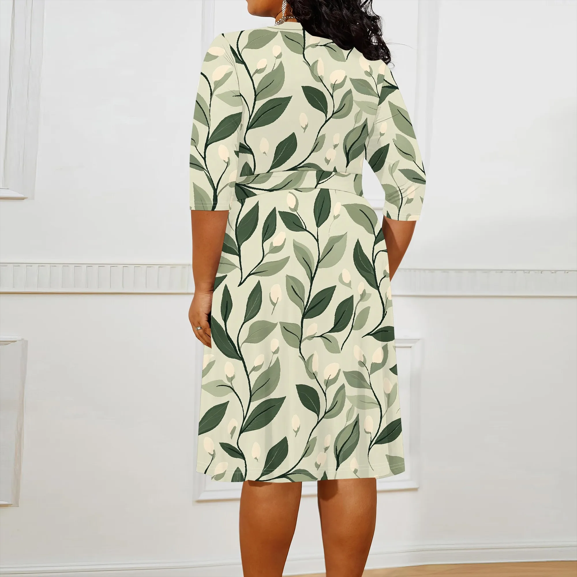 Plus Size Dress for Women Flowy 3/4 Sleeve V Neck Printing Midi Dresses Sexy Wrap Cocktail Party Dress Empire Waist with Belt