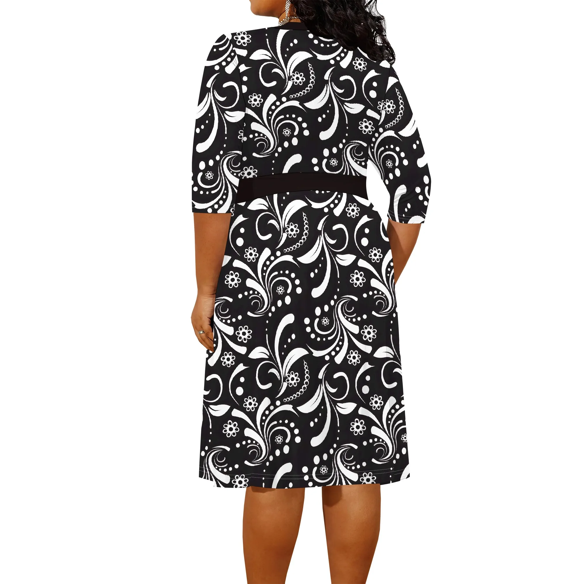 Plus Size Dress for Women Flowy 3/4 Sleeve V Neck Printing Midi Dresses Sexy Wrap Cocktail Party Dress Empire Waist with Belt
