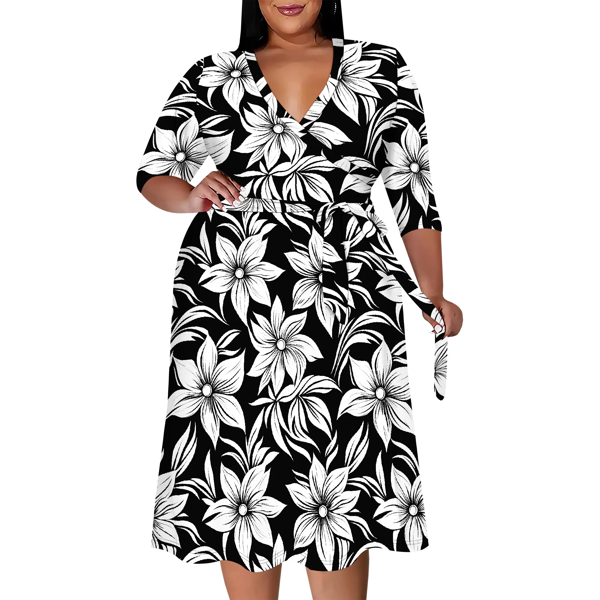Plus Size Dress for Women Flowy 3/4 Sleeve V Neck Printing Midi Dresses Sexy Wrap Cocktail Party Dress Empire Waist with Belt
