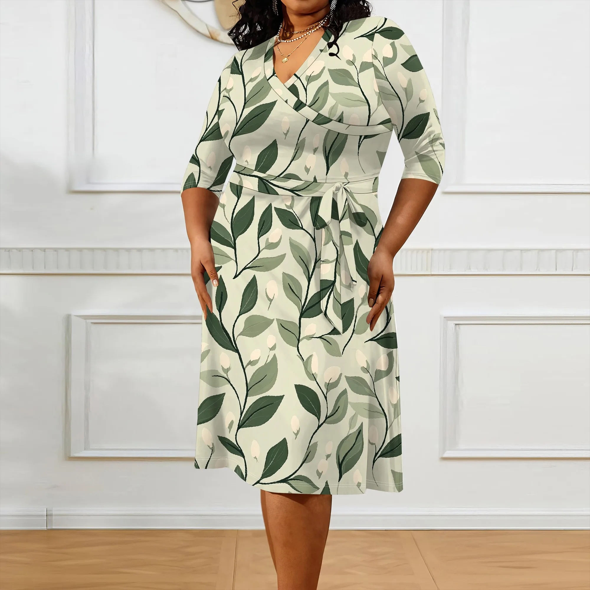 Plus Size Dress for Women Flowy 3/4 Sleeve V Neck Printing Midi Dresses Sexy Wrap Cocktail Party Dress Empire Waist with Belt