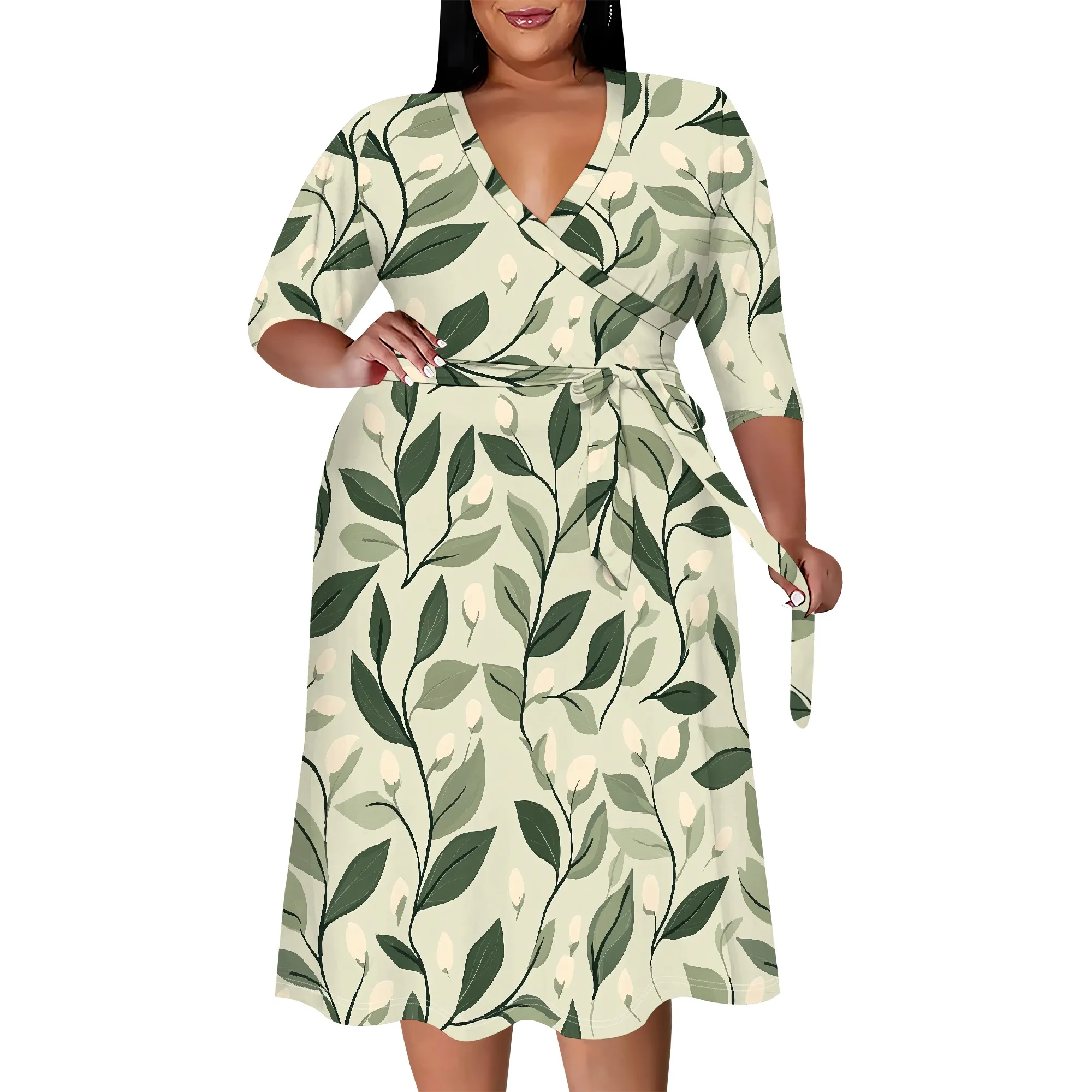 Plus Size Dress for Women Flowy 3/4 Sleeve V Neck Printing Midi Dresses Sexy Wrap Cocktail Party Dress Empire Waist with Belt