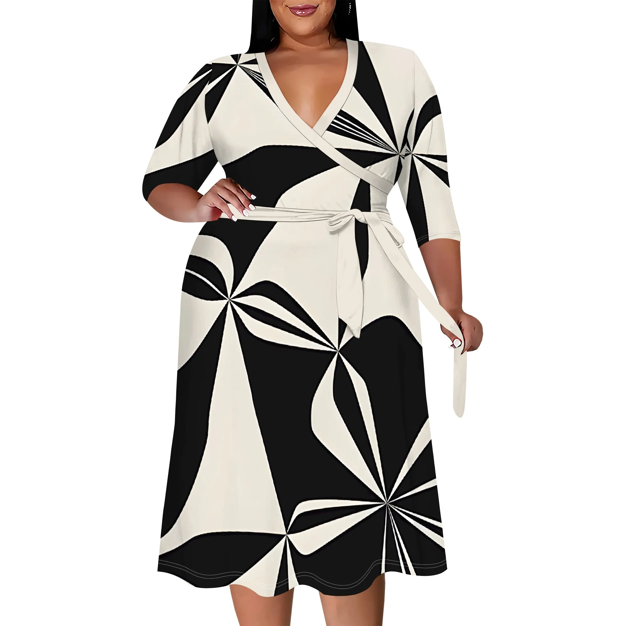 Plus Size Dress for Women Flowy 3/4 Sleeve V Neck Printing Midi Dresses Sexy Wrap Cocktail Party Dress Empire Waist with Belt