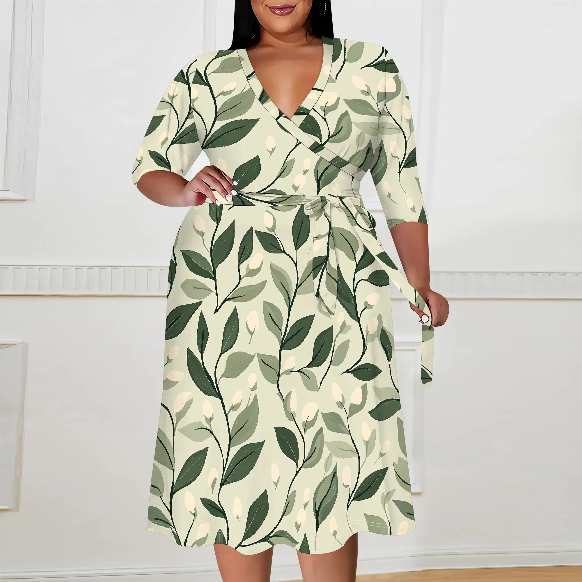 Plus Size Dress for Women Flowy 3/4 Sleeve V Neck Printing Midi Dresses Sexy Wrap Cocktail Party Dress Empire Waist with Belt