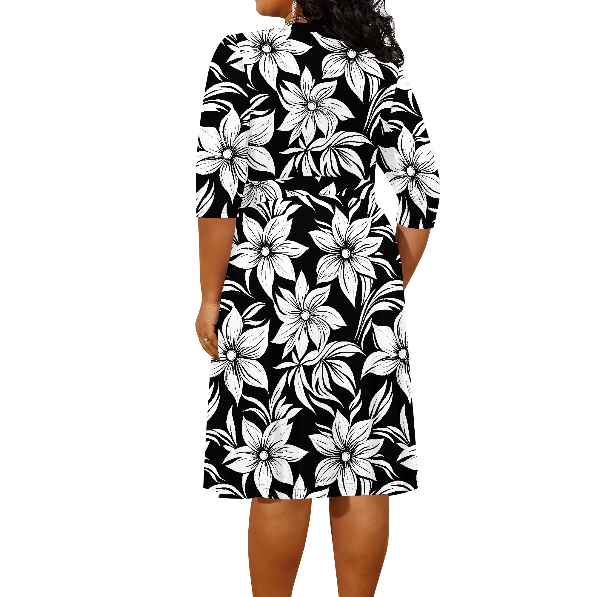 Plus Size Dress for Women Flowy 3/4 Sleeve V Neck Printing Midi Dresses Sexy Wrap Cocktail Party Dress Empire Waist with Belt