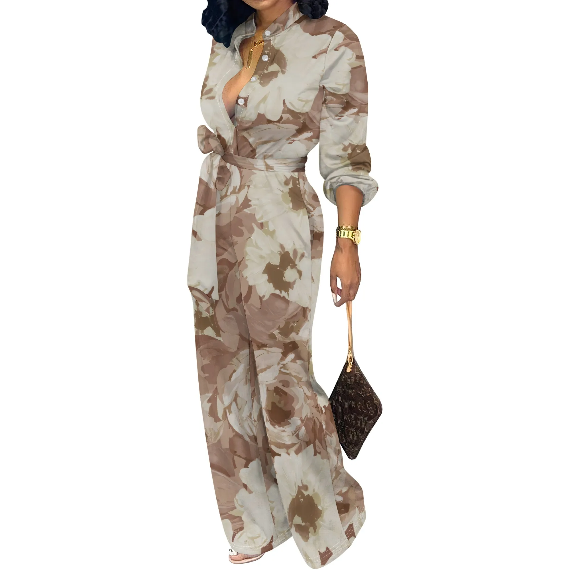 Women’s Long Sleeve Jumpsuit Floral Pattern Belted Wide Leg Loose Fit One Piece Casual Romper