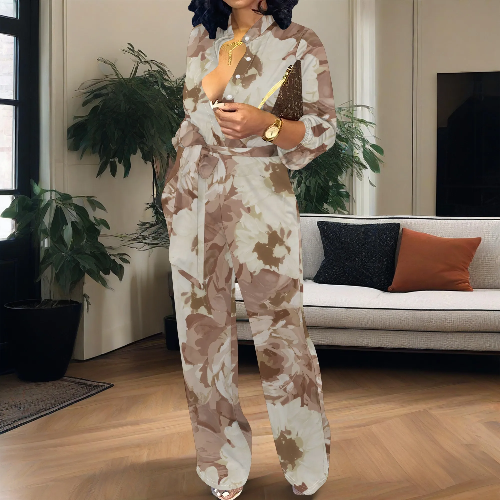 Women’s Long Sleeve Jumpsuit Floral Pattern Belted Wide Leg Loose Fit One Piece Casual Romper