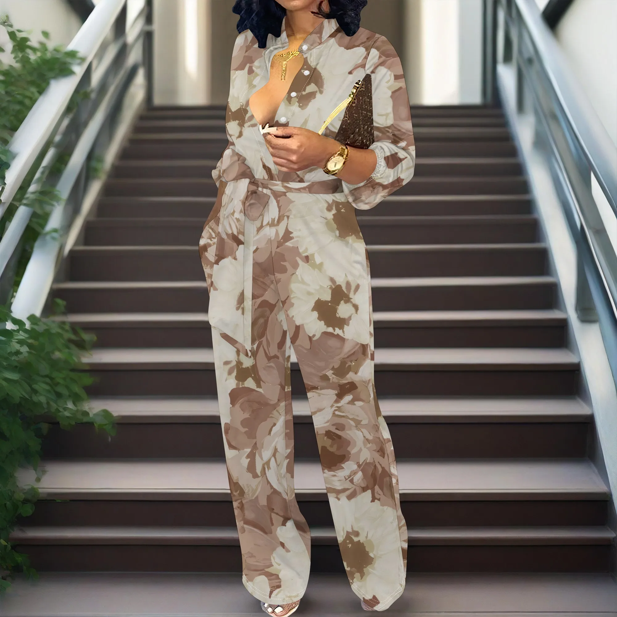 Women’s Long Sleeve Jumpsuit Floral Pattern Belted Wide Leg Loose Fit One Piece Casual Romper