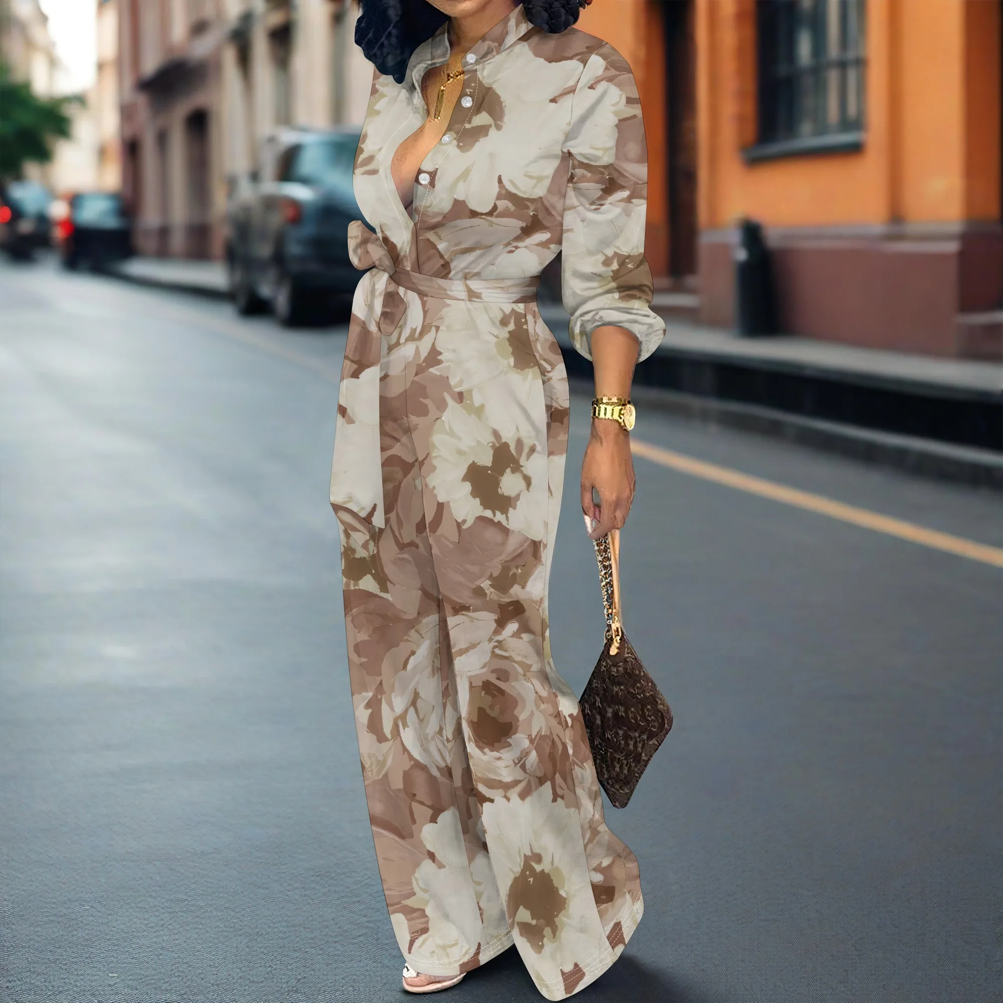 Women’s Long Sleeve Jumpsuit Floral Pattern Belted Wide Leg Loose Fit One Piece Casual Romper
