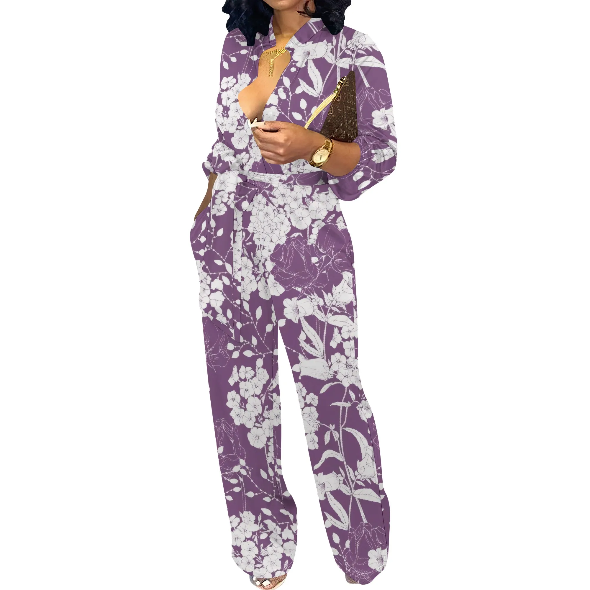 Women’s Long Sleeve Jumpsuit Floral Pattern Belted Wide Leg Loose Fit One Piece Casual Romper