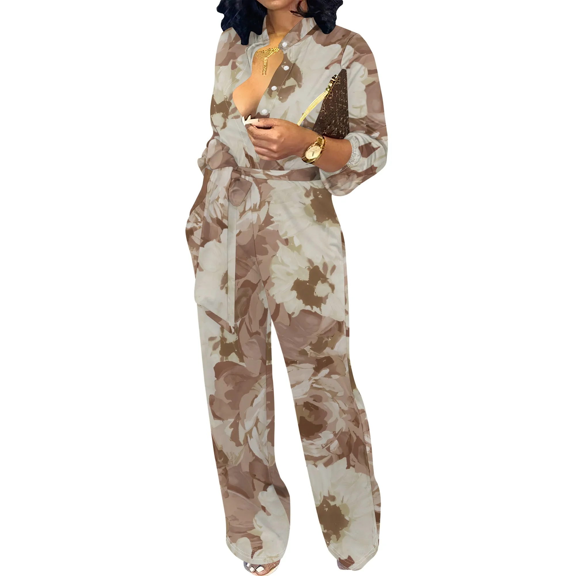 Women’s Long Sleeve Jumpsuit Floral Pattern Belted Wide Leg Loose Fit One Piece Casual Romper
