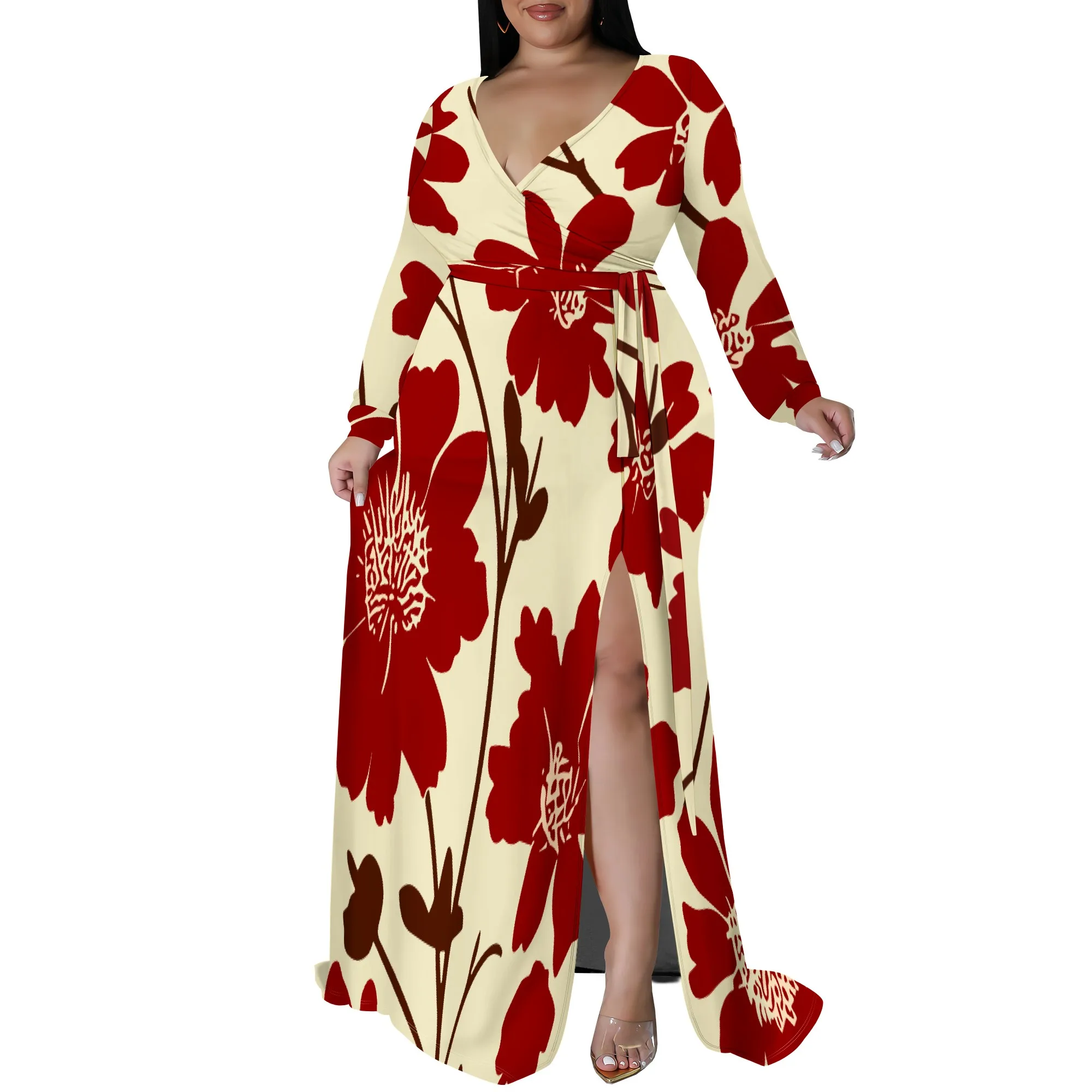 Long Sleeve V Neck One-side Slit Maxi Dress XL-6XL