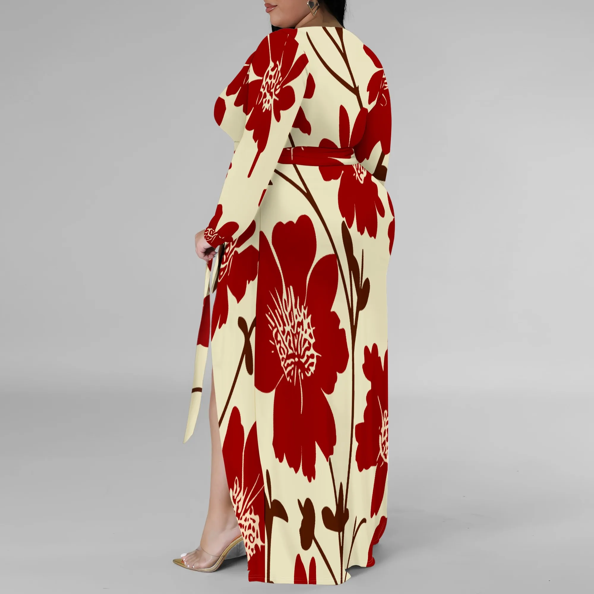 Long Sleeve V Neck One-side Slit Maxi Dress XL-6XL